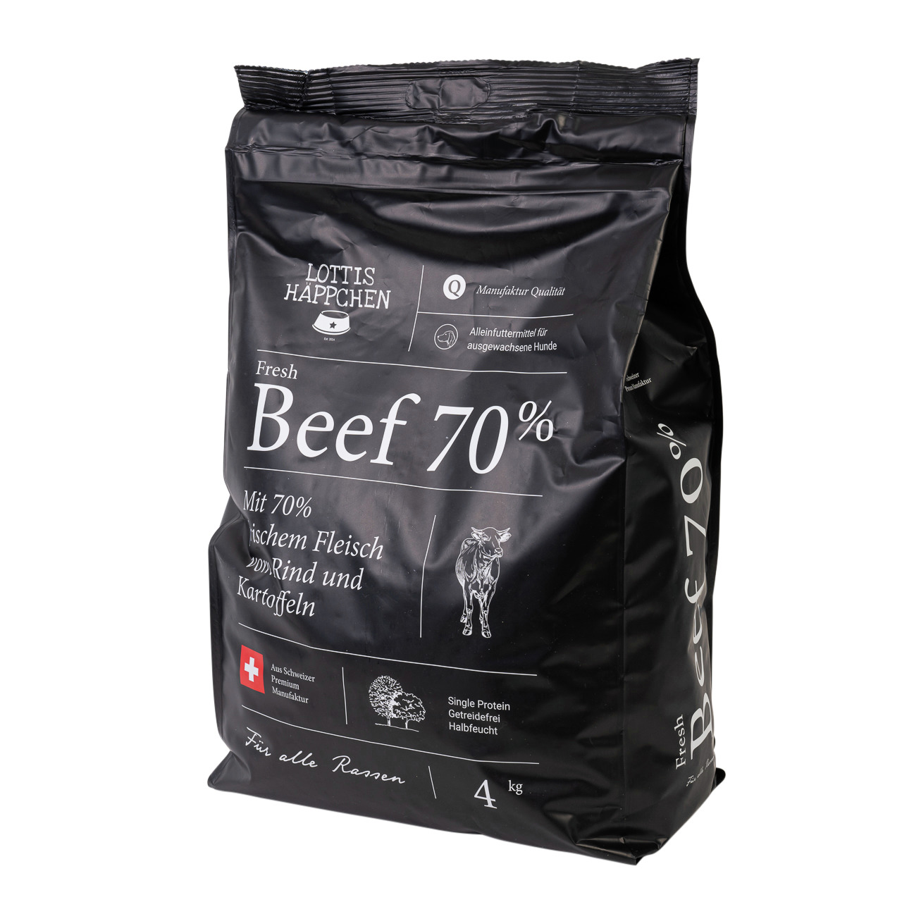 Lottis Häppchen Fresh Beef 70%: Alleinfutter f. erw. Hunde, 70% Rind, getreidefrei, halbfeucht, Single-Protein, 4 kg, Premium-Siegel.