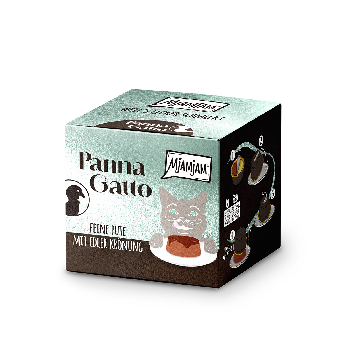MJAMJAM Panna Gatto Katzenfutter, Feine Pute m. edler Krönung, Mahlzeit f. Katzen, mintgrüne Verpackung, Tellerabbildung.
