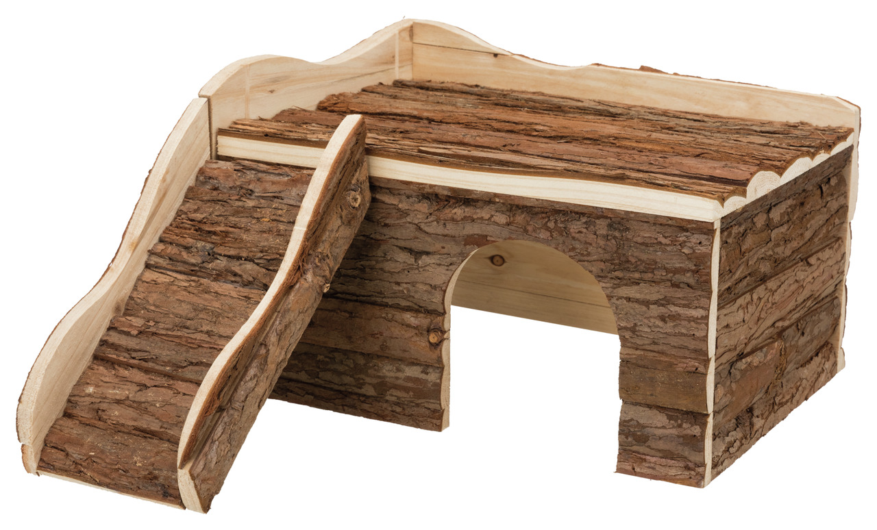 Holzhaus TRIXIE für Hamster/Mäuse, Naturholz, mit Rampe & flachem Dach, ideal zum Klettern/Verstecken, Maße: ca. 30x20x20 cm.