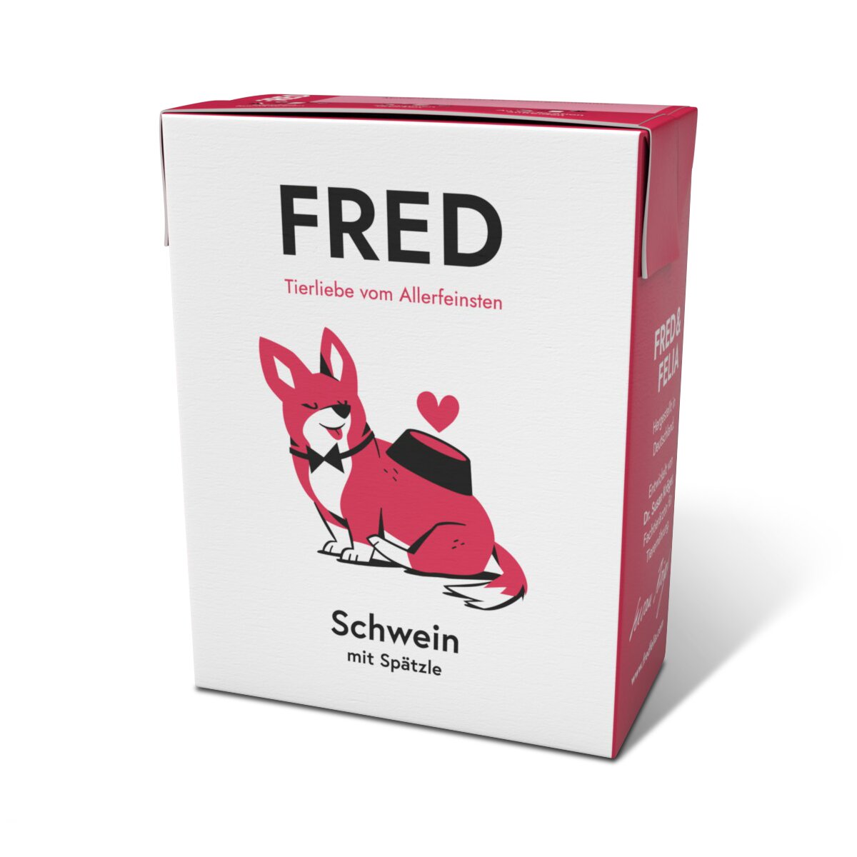 FRED Hundenassfutter Schwein mit Spätzle für Hunde, Tierliebe vom Allerfeinsten, Faltschachtel in Weiß und Pink.