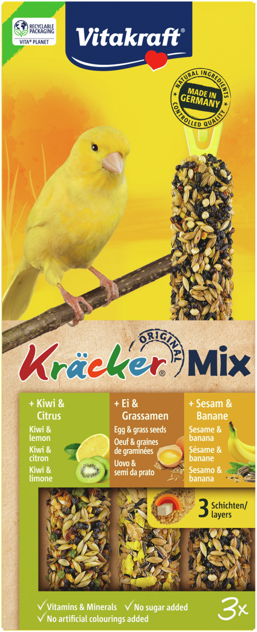 Vitakraft Kräcker Mix für Kanarienvögel: Kiwi&Zitrus, Ei&Grassamen, Sesam&Banane. Natürl. Zutaten, ohne Zucker, 3 Schichten.