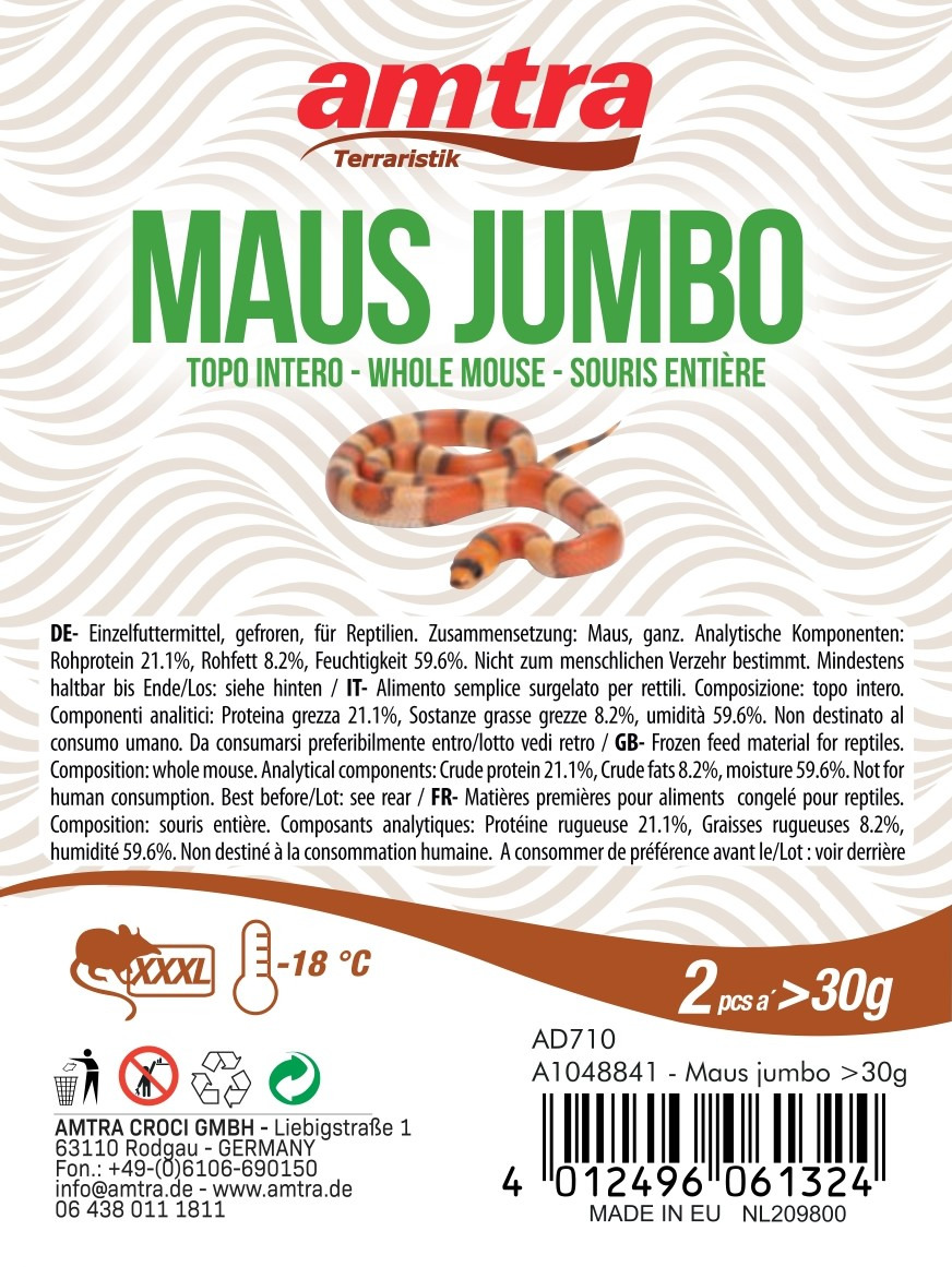 amtra Maus Jumbo, Einzelfuttermittel für Reptilien, 2 gefr. Mäuse (je >30 g), 21,1 % Protein, Lagerung bei -18 °C empfohlen.