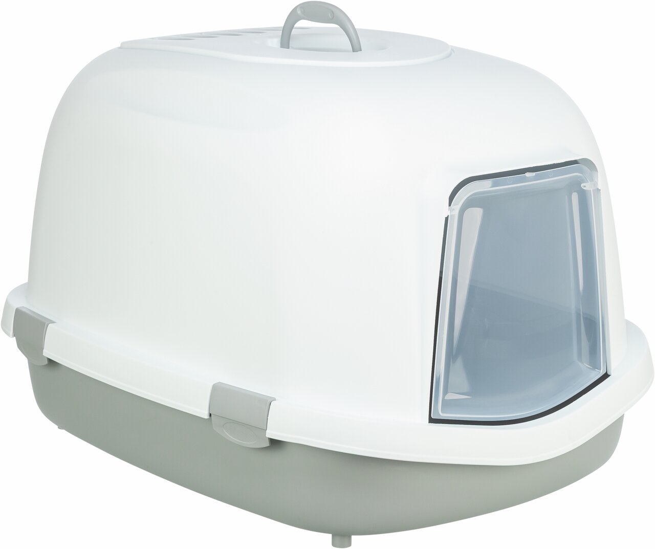 Geschlossene Katzentoilette von TRIXIE mit Schwingtür in Weiß-Grau, geeignet für Katzen. Leicht zu reinigen, ideal für Zuhause.