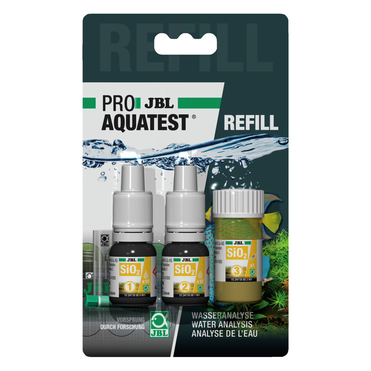 JBL ProAquaTest SiO2 Refill, Nachfüllset f. Silikat-Wasseranalyse, Aquarienbesitzer, präzise Analyse, einfache Anwendung, 3 Reagenzien.