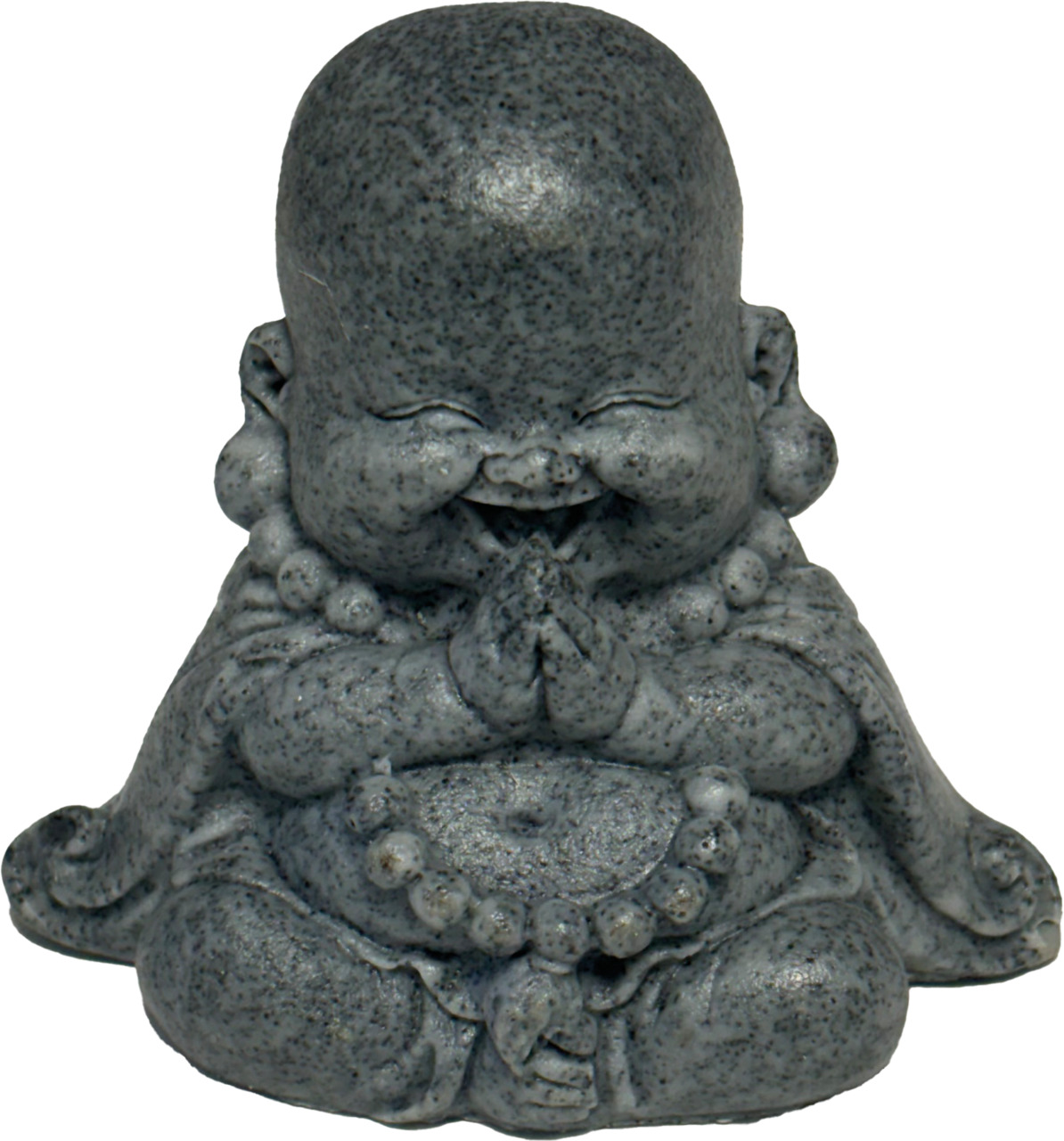 Graue Buddha-Kind-Figur, sitzend, mit Gebetskette & gefalteten Händen. Ausdruck von Freude & Gelassenheit. Für Innenräume/Gärten.