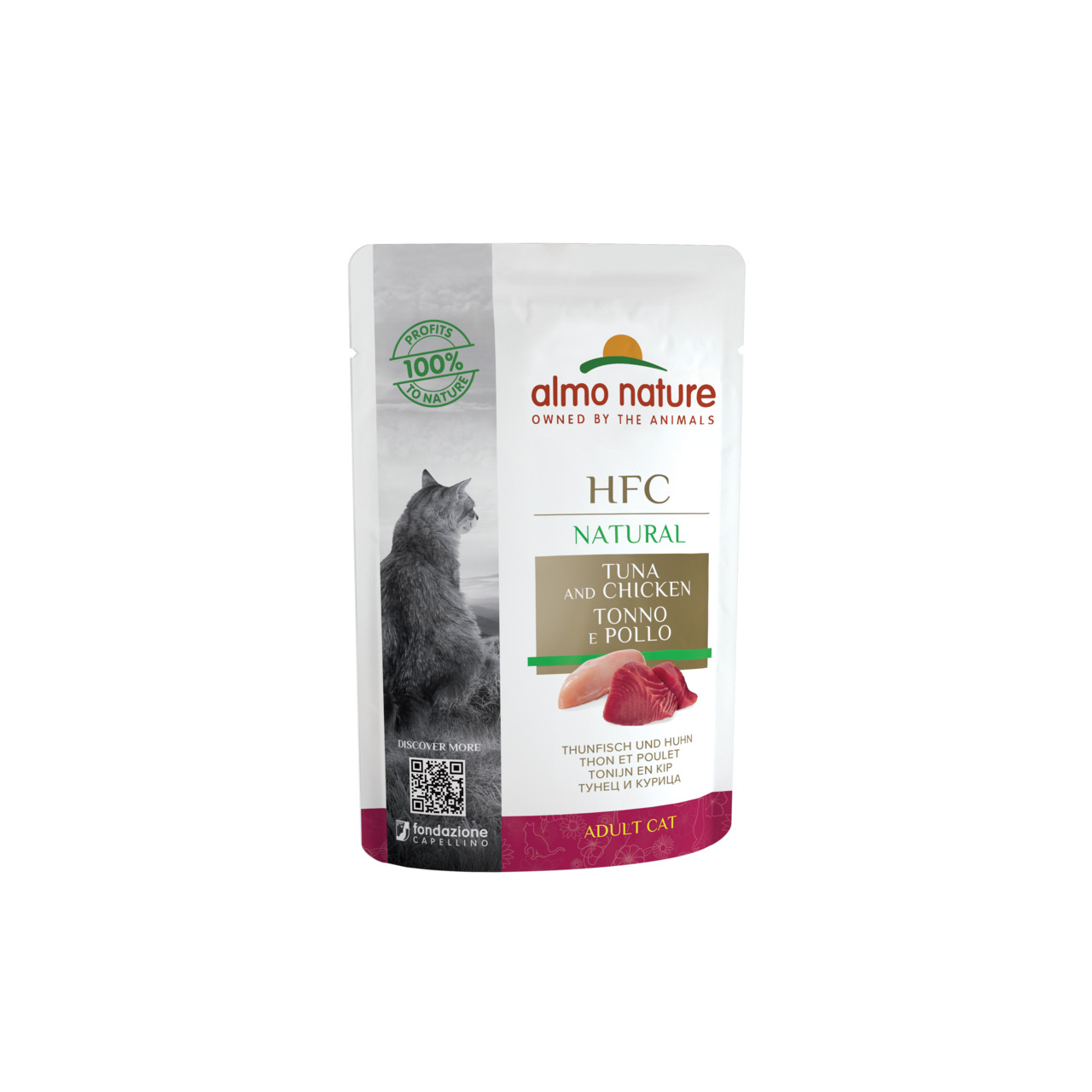 Almo Nature HFC Natural Katzenfutter, erwachsene Katzen, Thunfisch & Huhn, „100% Profits to Nature“-Logo.