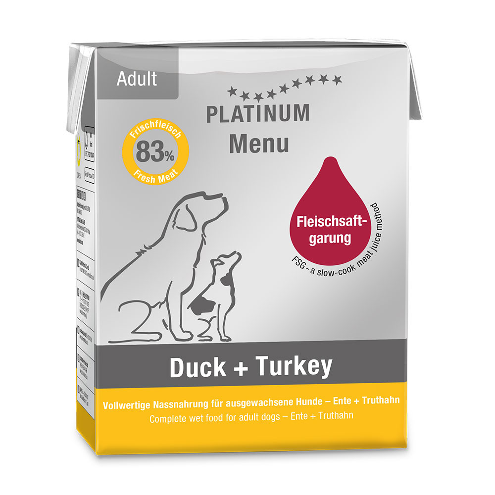 Sparpaket 24 x 375 g Platinum Menü Adult Duck + Turkey Hunde Nassfutter