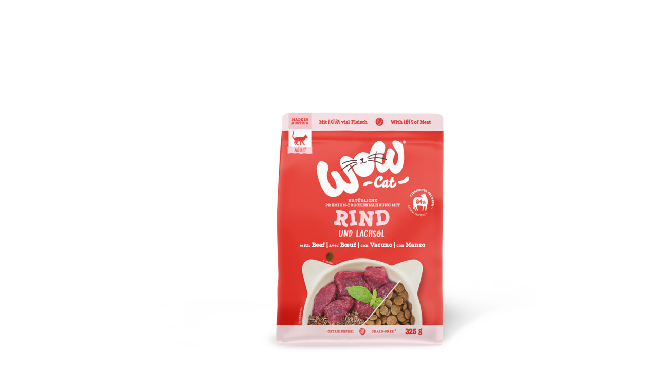 WOW CAT Rind & Lachsöl, Premium-Trockenfutter f. Katzen, 84 % tierisches Protein, getreidefrei, 325 g.