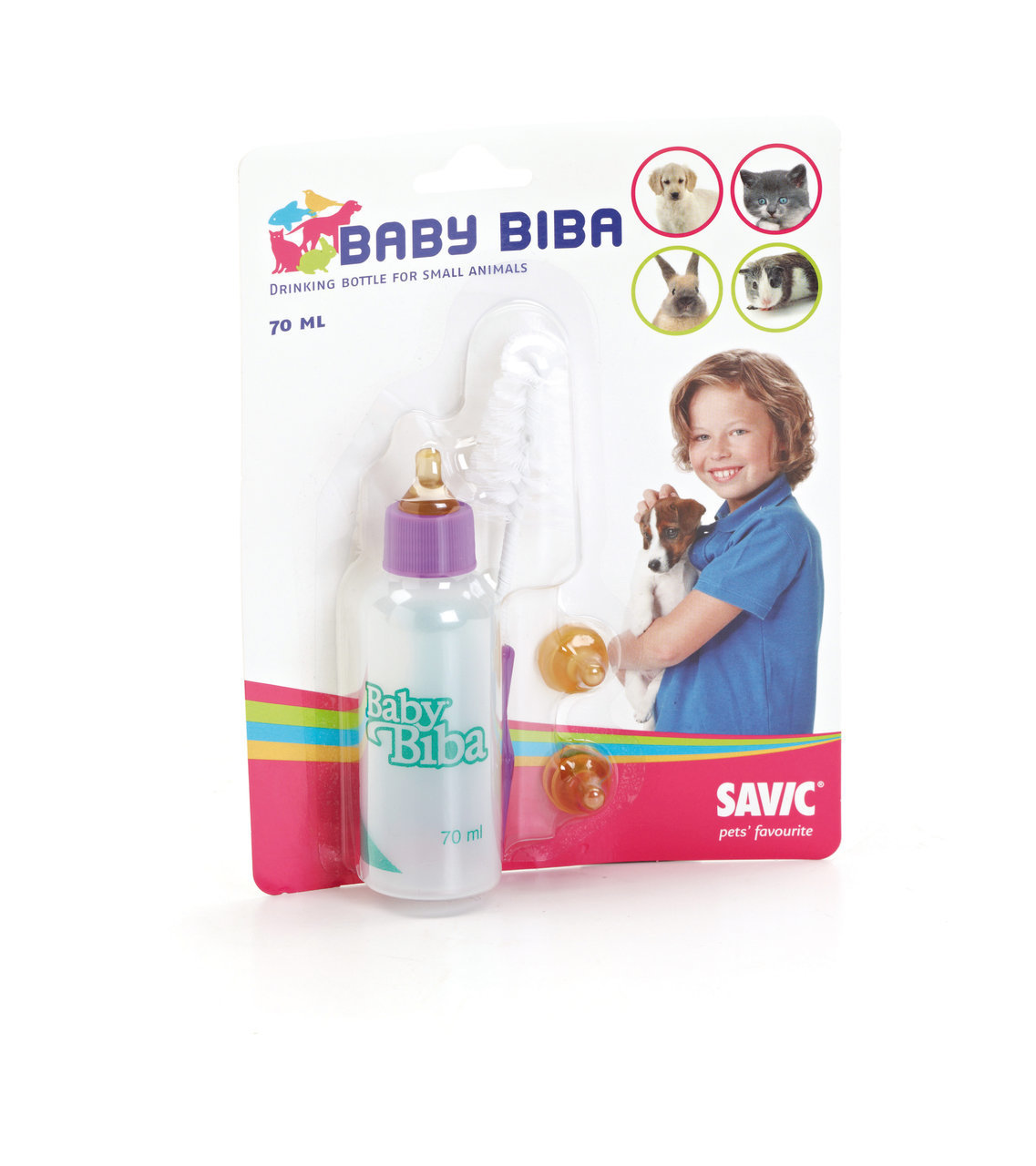 Trinkflasche für Kleintiere der Marke SAVIC, Modell "Baby Biba", mit einem Fassungsvermögen von 70 ml. Geeignet für kleine Haustiere wie Kaninchen, Meerschweinchen und Welpen. Enthält Zubehör wie Sauger und Reinigungsbürste. Verpackung zeigt bunte Tierbil