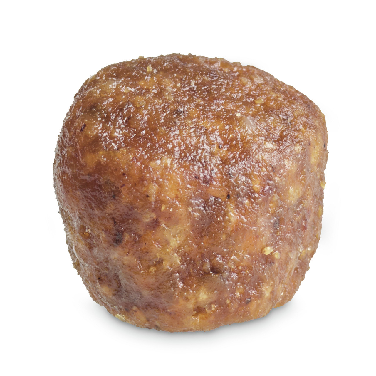 Ein einzelner, saftiger Fleischsnack der Marke TIKAANI, speziell für Hunde. Der Snack ist rund, braun und zeigt eine leicht glänzende Oberfläche, die auf frische Zutaten hinweist. Geeignet für alle Hunderassen, mit natürlichem Fleischgeschmack. Perfekt al