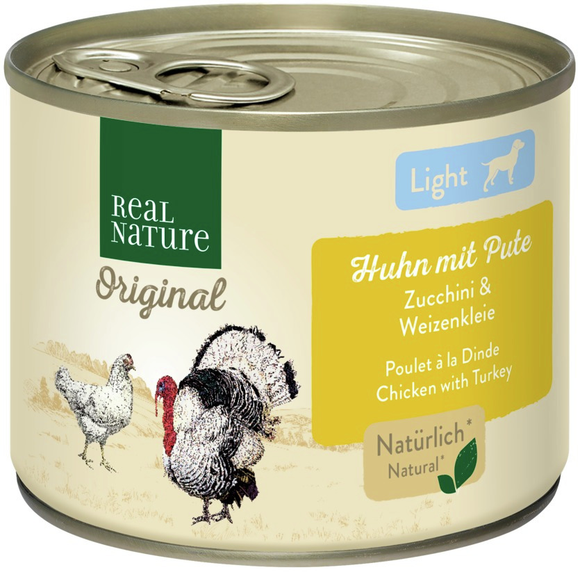 Real Nature Original Light Hundefutter Huhn & Pute, Zucchini, Weizenkleie, 400 g, für Hunde, natürliche Zutaten.