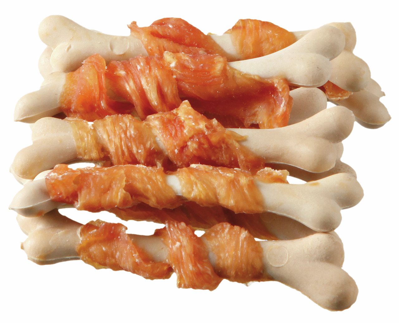 Das Bild zeigt TRIXIE Kauknochen mit Hähnchenfleisch, ein Snack für Hunde. Die Zielgruppe sind Hunde aller Größen. Die Kauknochen bestehen aus weißem Rinderhautknochen, der mit saftigem Hähnchenfilet umwickelt ist. Sie fördern die Zahnpflege und bieten ei