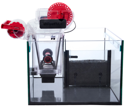 Das Bild zeigt den Red Sea ReefMat 500, ein automatisches Filtersystem für Meerwasseraquarien. Es ist speziell für Aquarienbesitzer entwickelt, die eine effiziente Wasserfiltration wünschen. Das Gerät besteht aus einem transparenten Gehäuse mit roten Akze