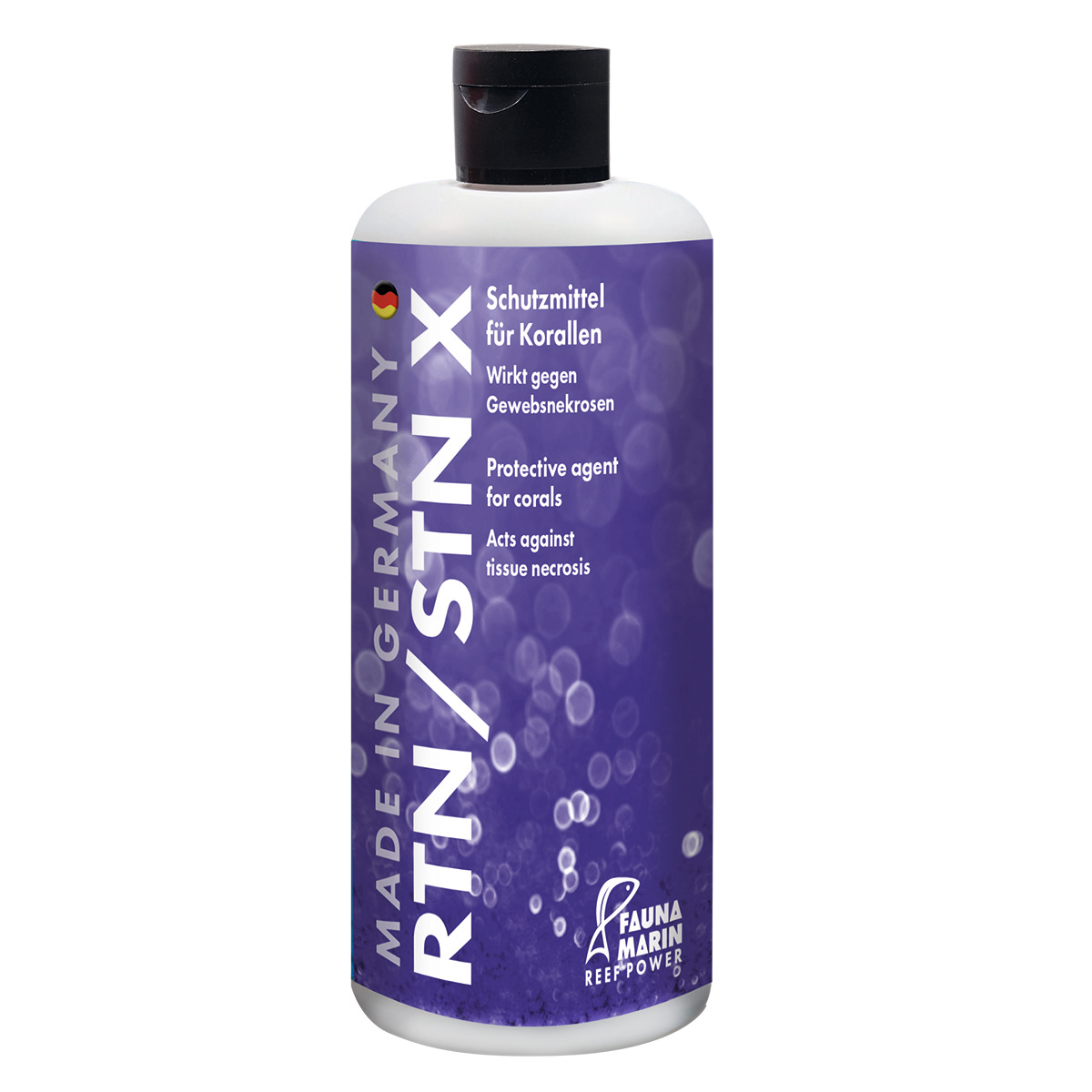 Das Bild zeigt eine Flasche des Produkts „RTN/STN X“ von der Marke Fauna Marin. Es handelt sich um ein Schutzmittel für Korallen, das gegen Gewebsnekrosen wirkt. Die Flasche hat ein modernes Design mit violettem Hintergrund und weißen Schriftzügen. Auf de