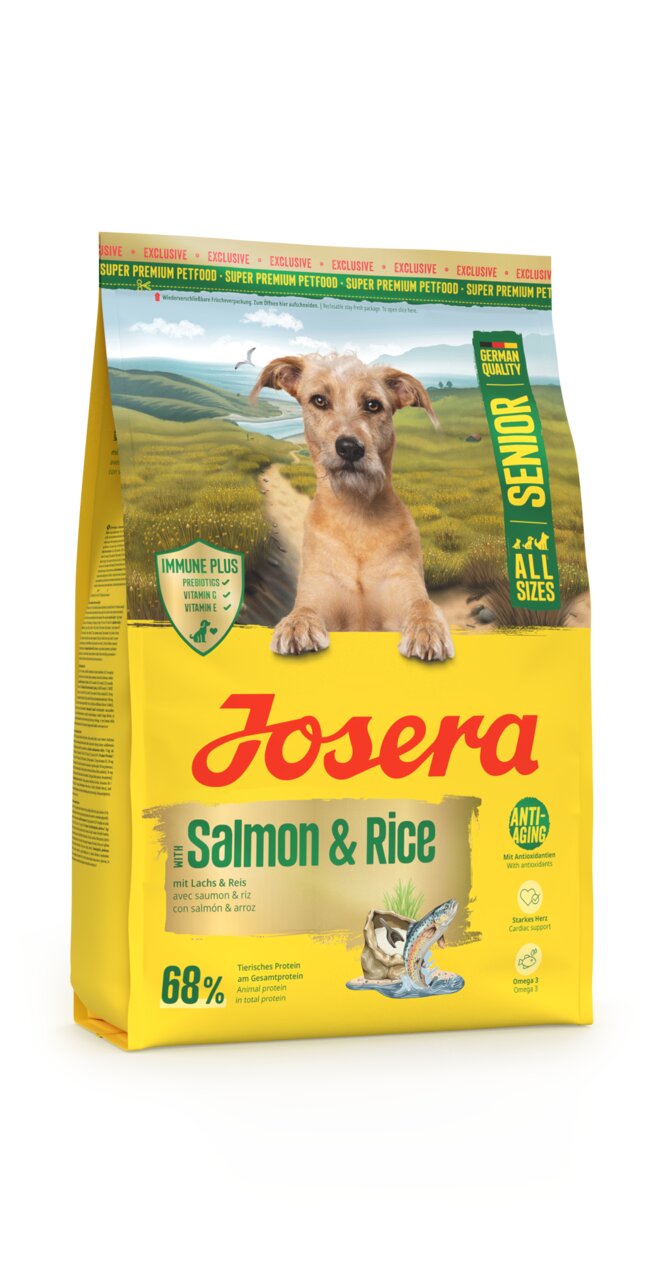 Trockenfutter Josera Senior mit Lachs und Reis für ältere Hunde, 68 % tierisches Protein, 15 kg, unterstützt Herz und Immunsystem.