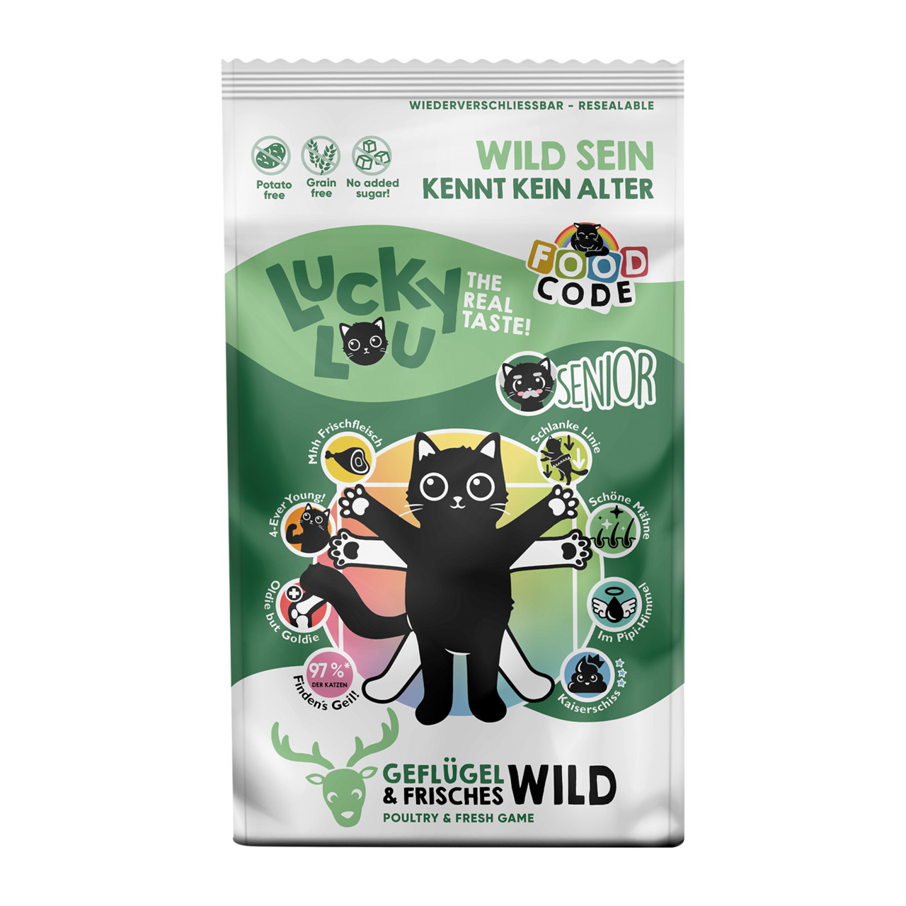 Das Bild zeigt eine Verpackung des Katzenfutters „Lucky Lou Senior“ mit der Geschmacksrichtung Geflügel und frisches Wild. Es richtet sich an ältere Katzen und enthält 97 % tierische Zutaten. Die Verpackung ist wiederverschließbar, getreidefrei, kartoffel