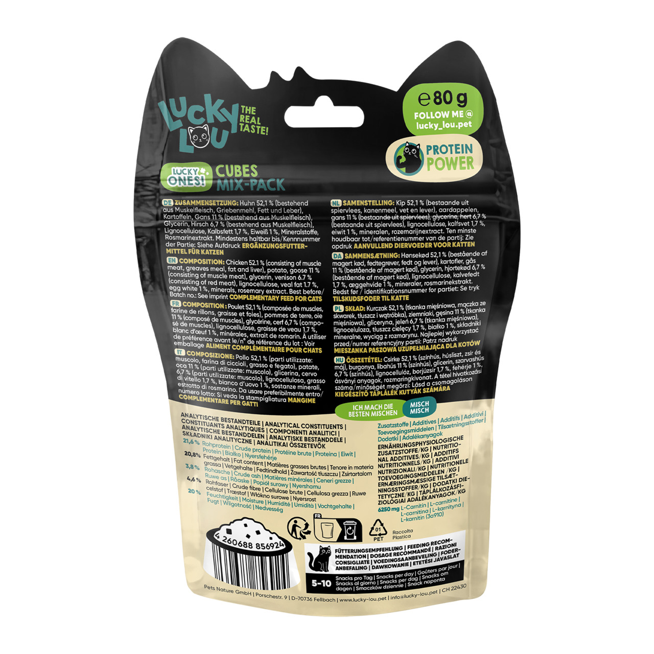 Lucky Lou Cubes Mix-Pack, Katzenfutter, Huhn (52,1 %), 80 g, "Protein Power", für Katzenbesitzer.