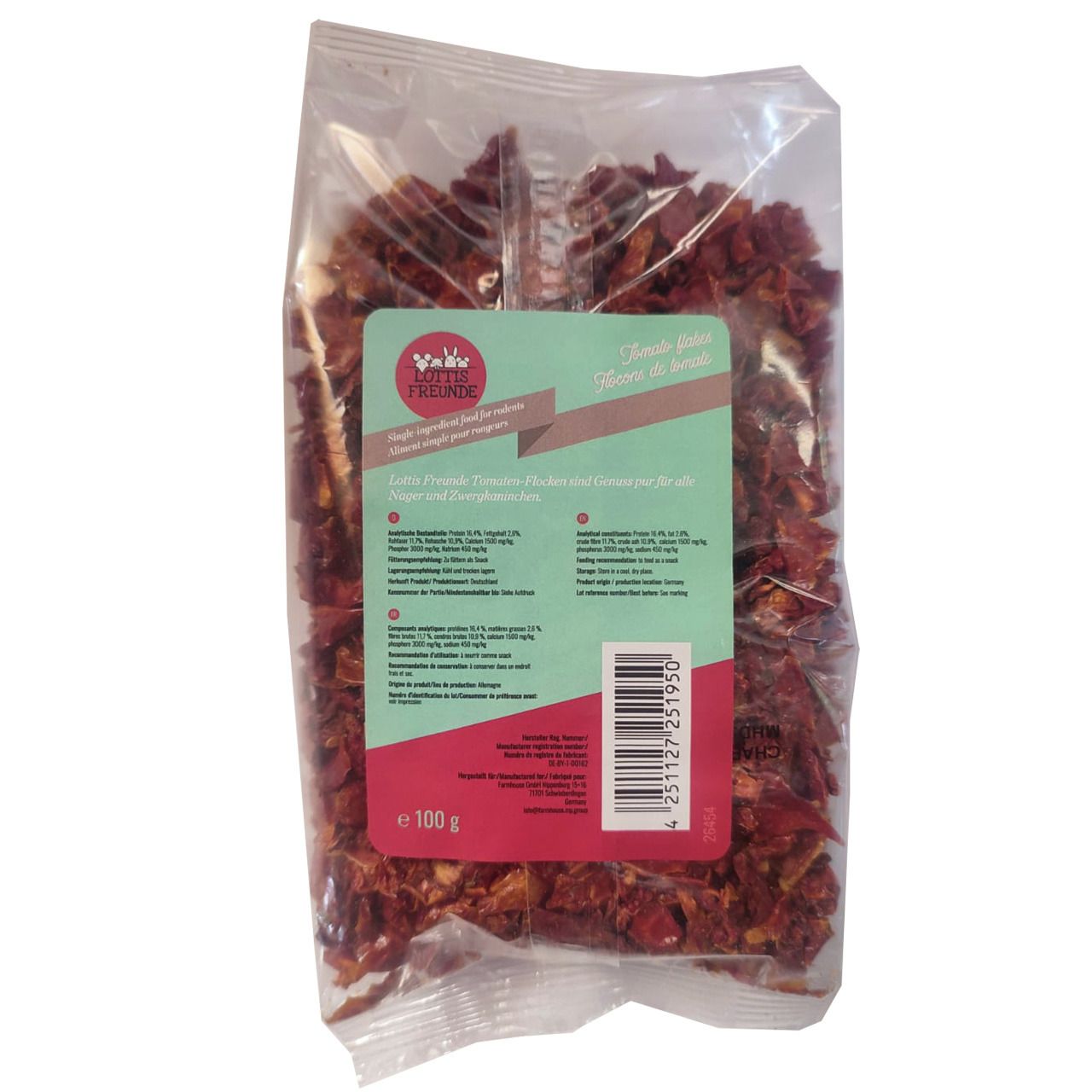 Lottis Freunde Tomatenflocken, für Nager & Zwergkaninchen, 100 g, natürliche Zusammensetzung, hohe Qualität.