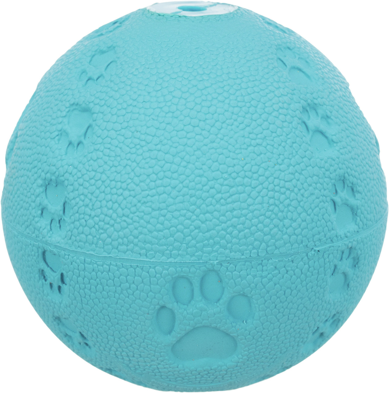 Das Bild zeigt den TRIXIE Hundespielball aus robustem Gummi in Türkis. Der Ball ist speziell für Hunde entwickelt und mit geprägten Pfotenmustern versehen, die für zusätzlichen Halt sorgen. Ideal für Apportierspiele und zur Förderung der Aktivität. Größe 