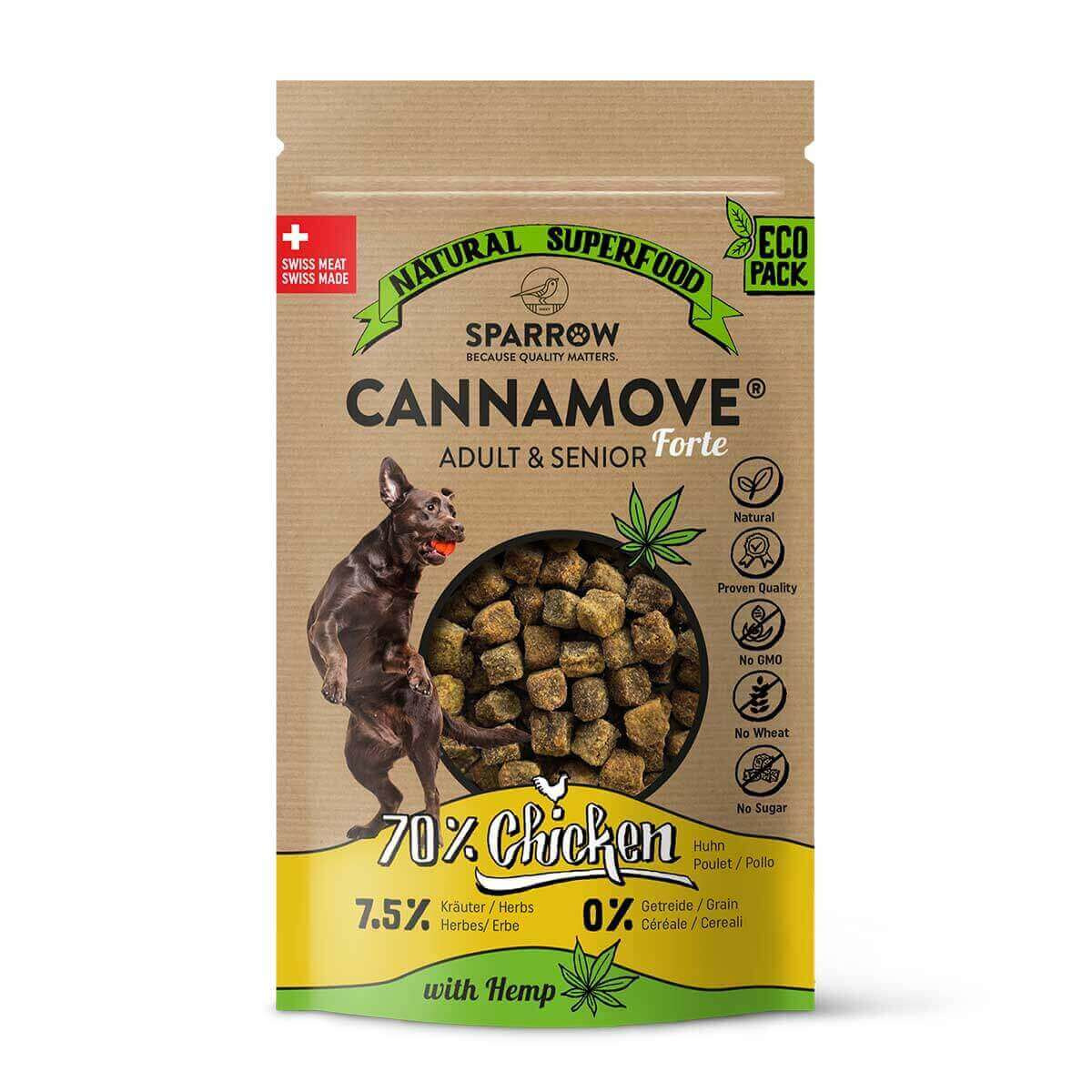 SPARROW CannaMove Forte Hundefutter, erwachsene-ältere Hunde, 70 % Huhn, getreidefrei, Hanf, Natural Superfood, Swiss Made, Eco-Pack.