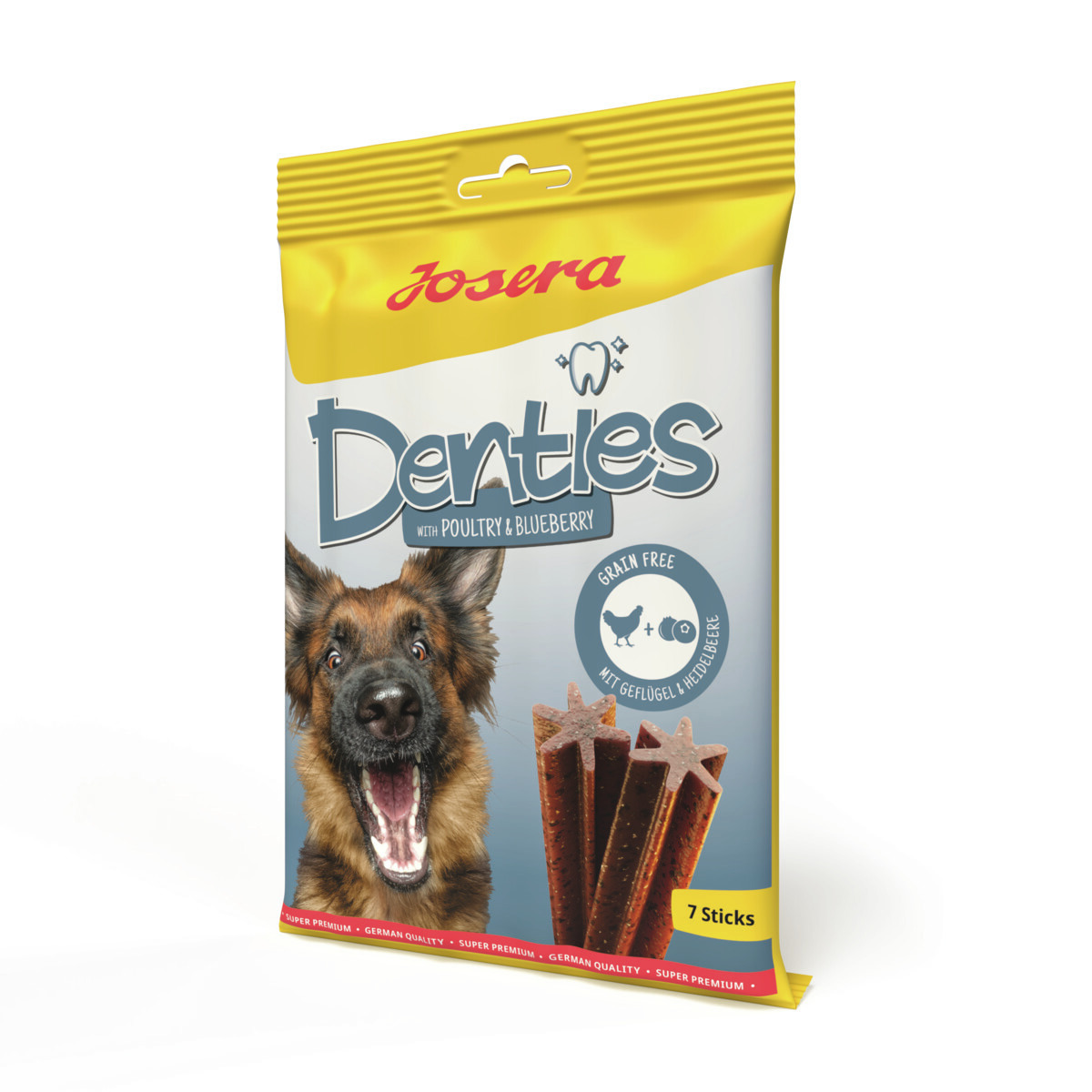 Josera Denties, Hundeleckerlis, Geflügel & Heidelbeere, getreidefrei, 7 Sticks, speziell für Hunde.