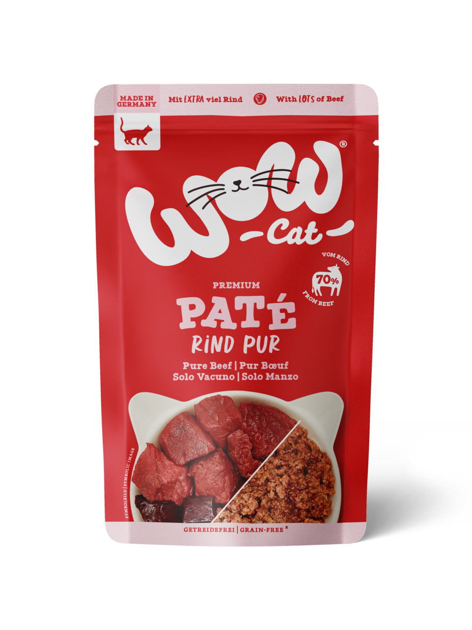 WOW CAT Premium Paté Rind Pur für Katzen, 70 % Rind, getreidefrei, Geschmacksr. Rind, hergestellt in DE, 125 g.