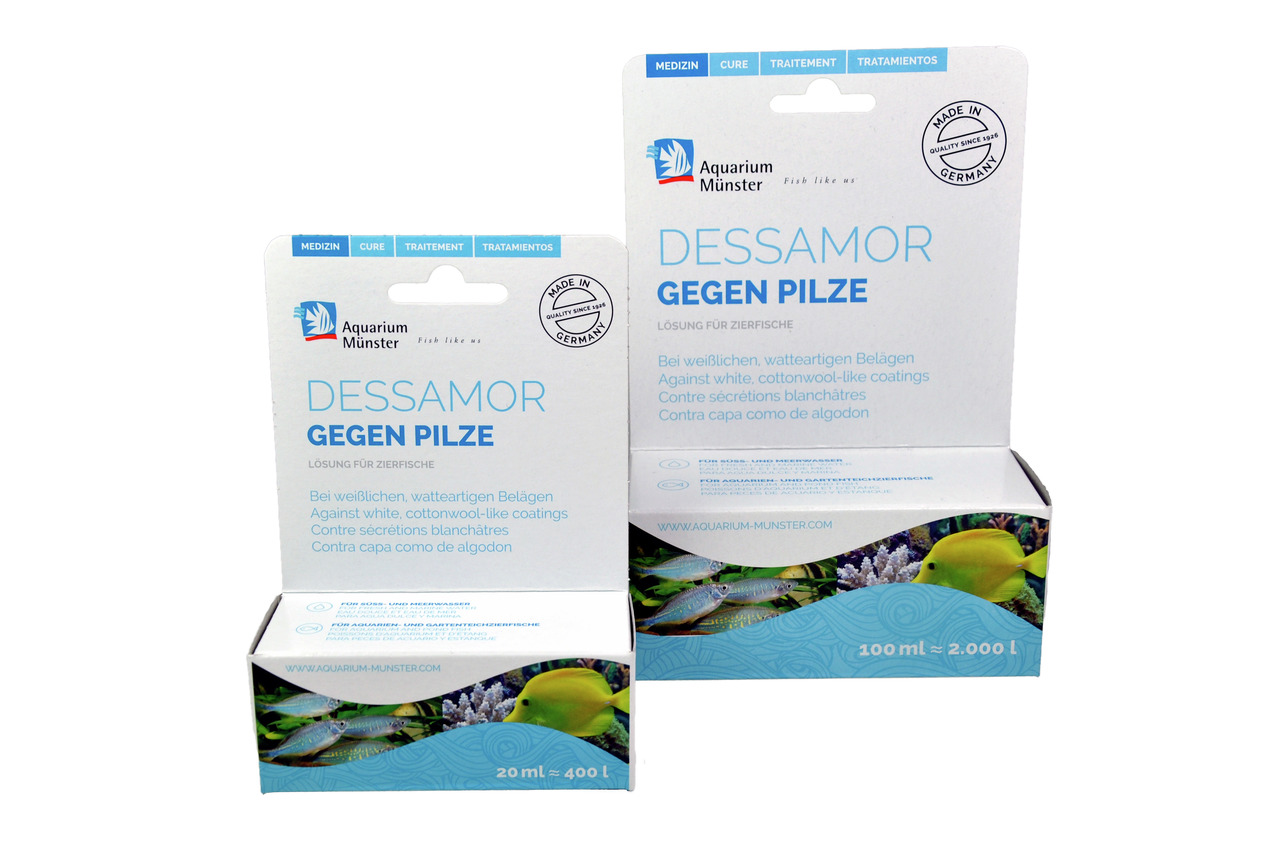Aquarium Münster Dessamor, Heilmittel f. Zierfische gg. weiße Beläge, 20 ml (400 l) & 100 ml (2.000 l).