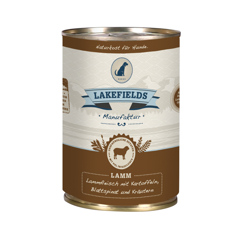 Lakefields Hundefutter Lamm, für Hunde, mit Lammfleisch, Kartoffeln, Blattspinat & Kräutern, „Naturkost für Hunde“, „Manufaktur“.