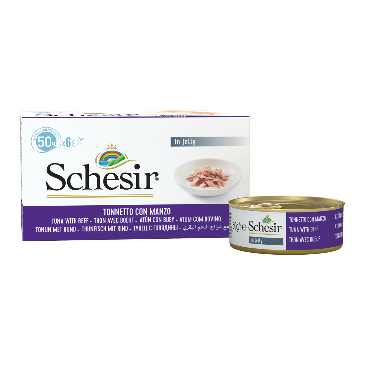 Schesir Tonnetto con Manzo in Jelly, Nassfutter f. Katzen, Thunfisch & Rind in Gelee, 6x50g, natürliche Zutaten, hohe Qualität.