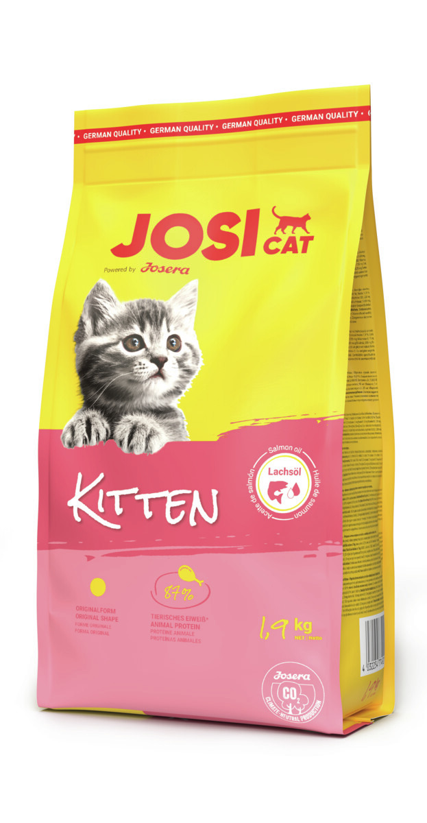 Josera JosiCat Kitten, 1,9 kg, für junge Katzen, mit Lachsöl, 87 % tierisches Eiweiß, gesunde Entwicklung, niedliches Katzenmotiv.