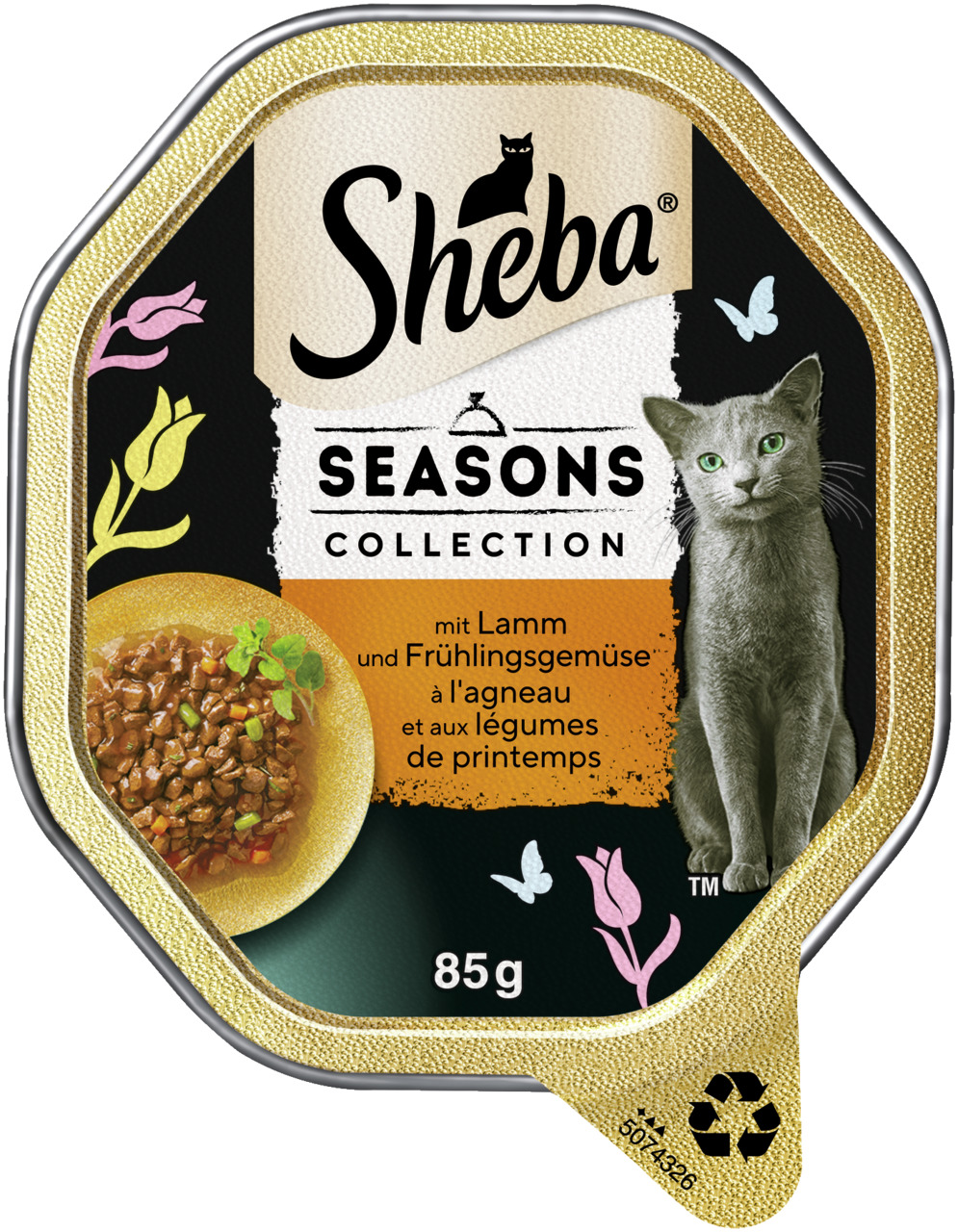 Sheba Seasons Collection Katzenfutter, Lamm & Frühlingsgemüse, 85 g, für Katzen, elegantes Design mit goldenen Akzenten.
