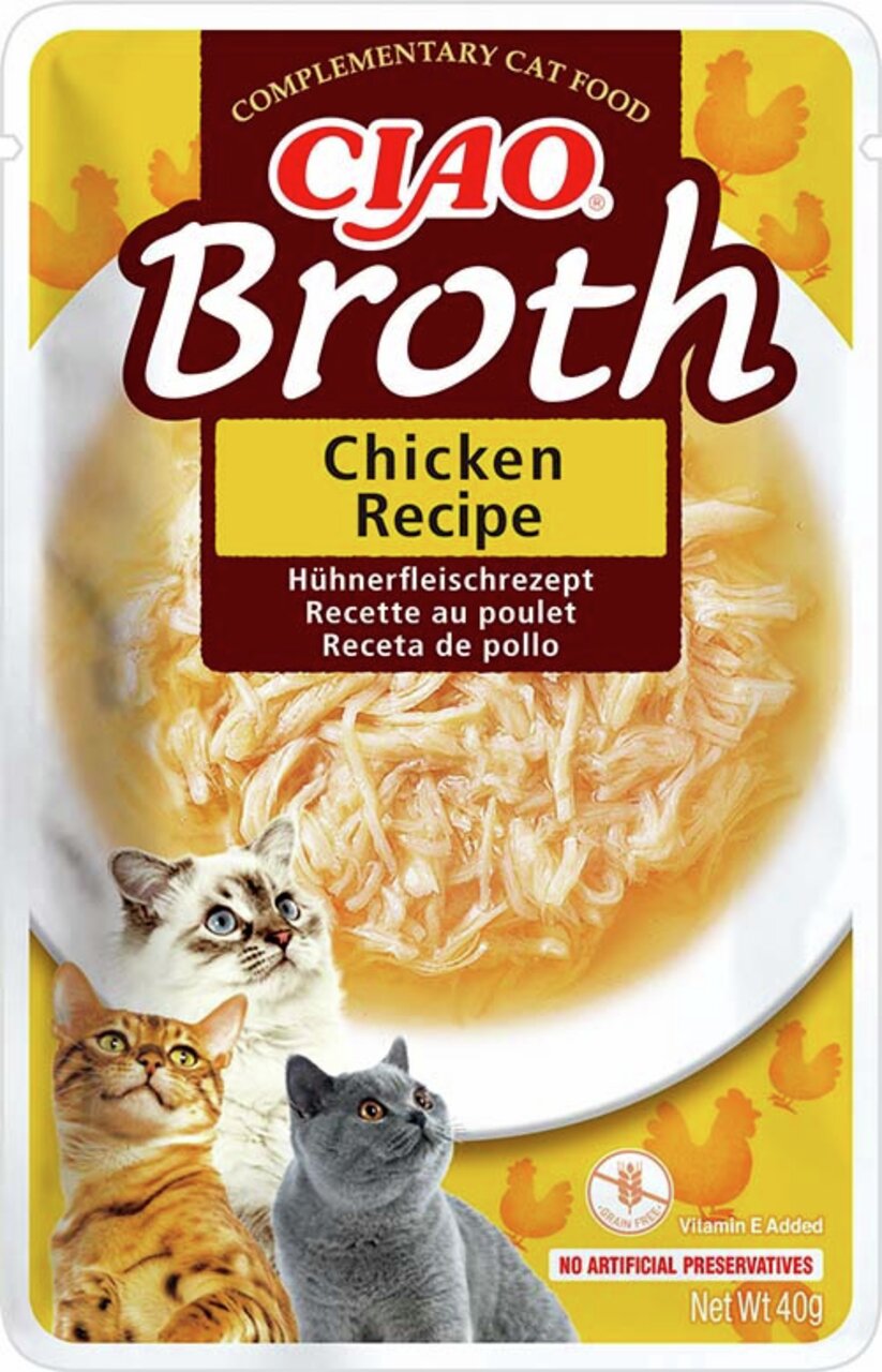 Ciao Broth Chicken Recipe, Katzensnack für ausgewachsene Katzen, Huhn, ohne künstliche Konservierungsstoffe, 40 g.