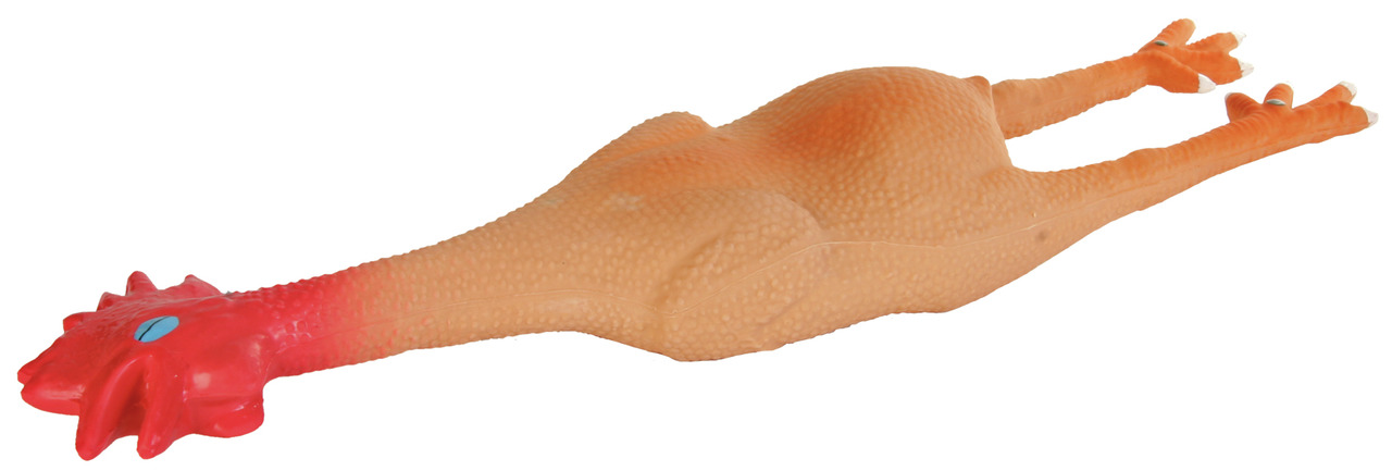 Ein längliches Hundespielzeug in Form eines Gummihuhns der Marke TRIXIE, geeignet für Hunde aller Größen. Das Spielzeug ist orange mit einem roten Kopf und blauen Augen. Es dient der Beschäftigung und fördert den Spieltrieb. Länge ca. 50 cm. EAN: 40119050