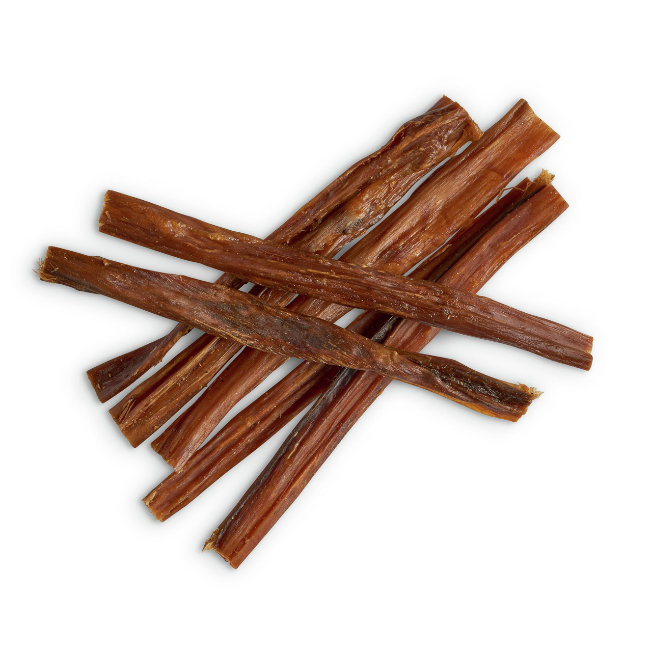 Das Bild zeigt mehrere getrocknete Kaustangen der Marke Lottis Häppchen, die speziell für Hunde entwickelt wurden. Diese natürlichen Snacks sind ideal für mittelgroße bis große Hunde und bestehen aus 100 % Rind. Sie fördern die Zahnpflege und bieten eine 