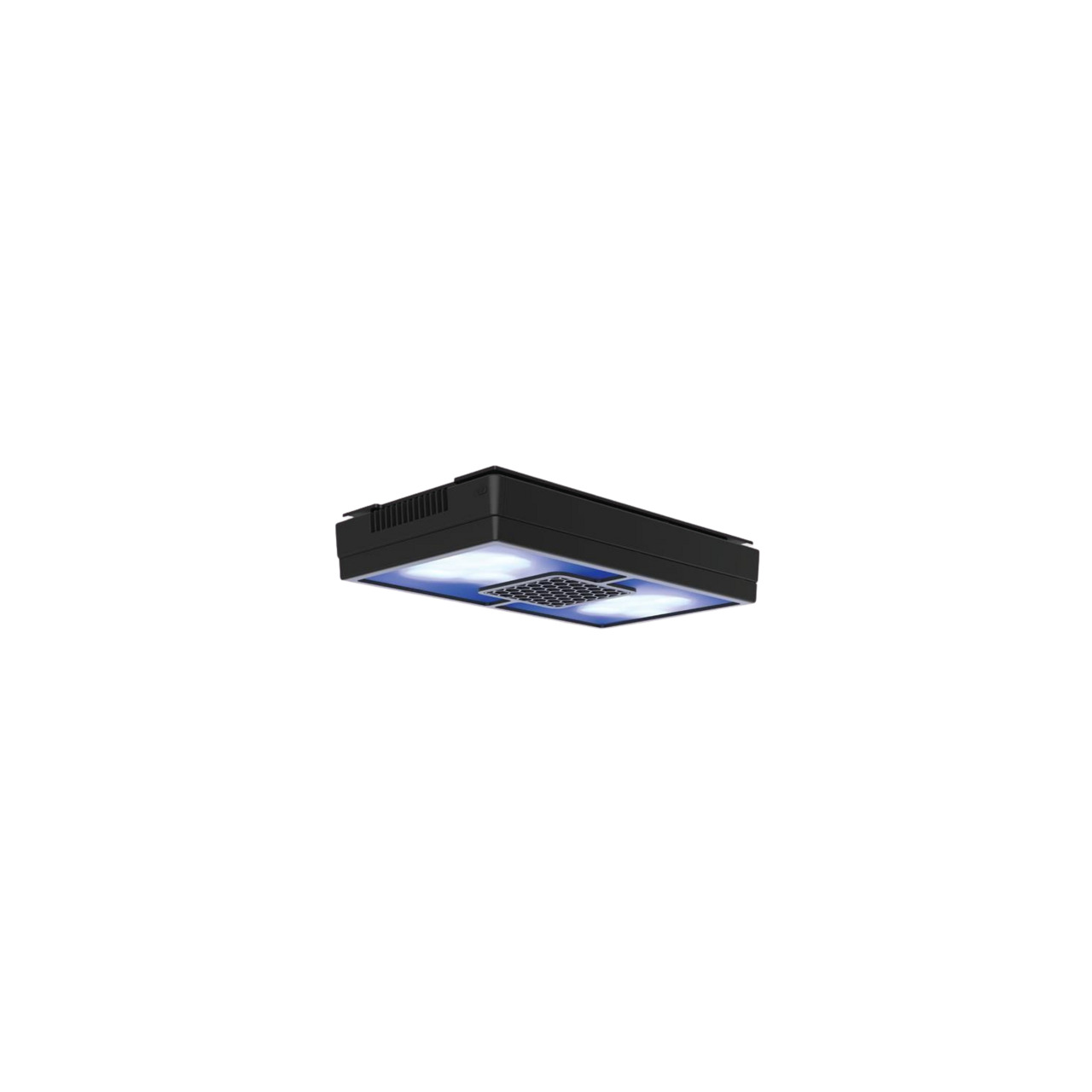 Das Bild zeigt die Ecotech Radion XR15 G5 Pro LED-Aquarienleuchte, eine hochwertige Beleuchtungslösung für Meerwasseraquarien. Die schwarze, rechteckige Lampe verfügt über ein modernes Design und integrierte Lüftungsschlitze. Sie bietet eine gleichmäßige 