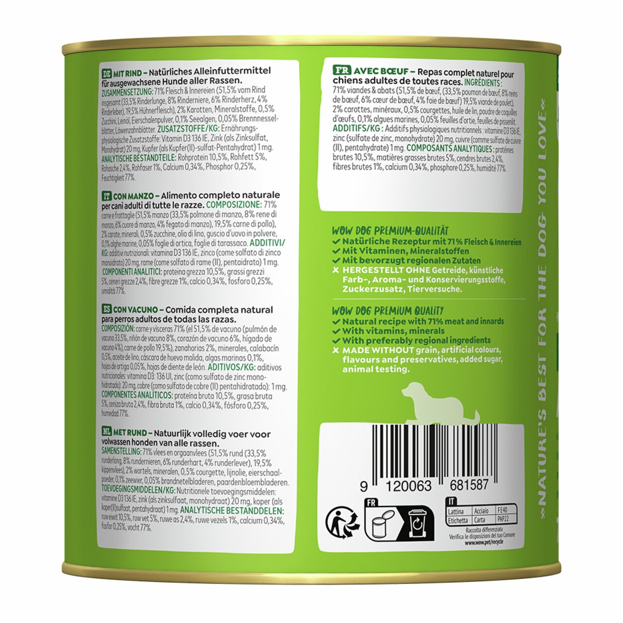 Hundefutter WOW DOG mit Rind, für erwachsene Hunde, 800 g Dose. Natürliche Rezeptur, 71 % Fleisch, ohne Zusatzstoffe.