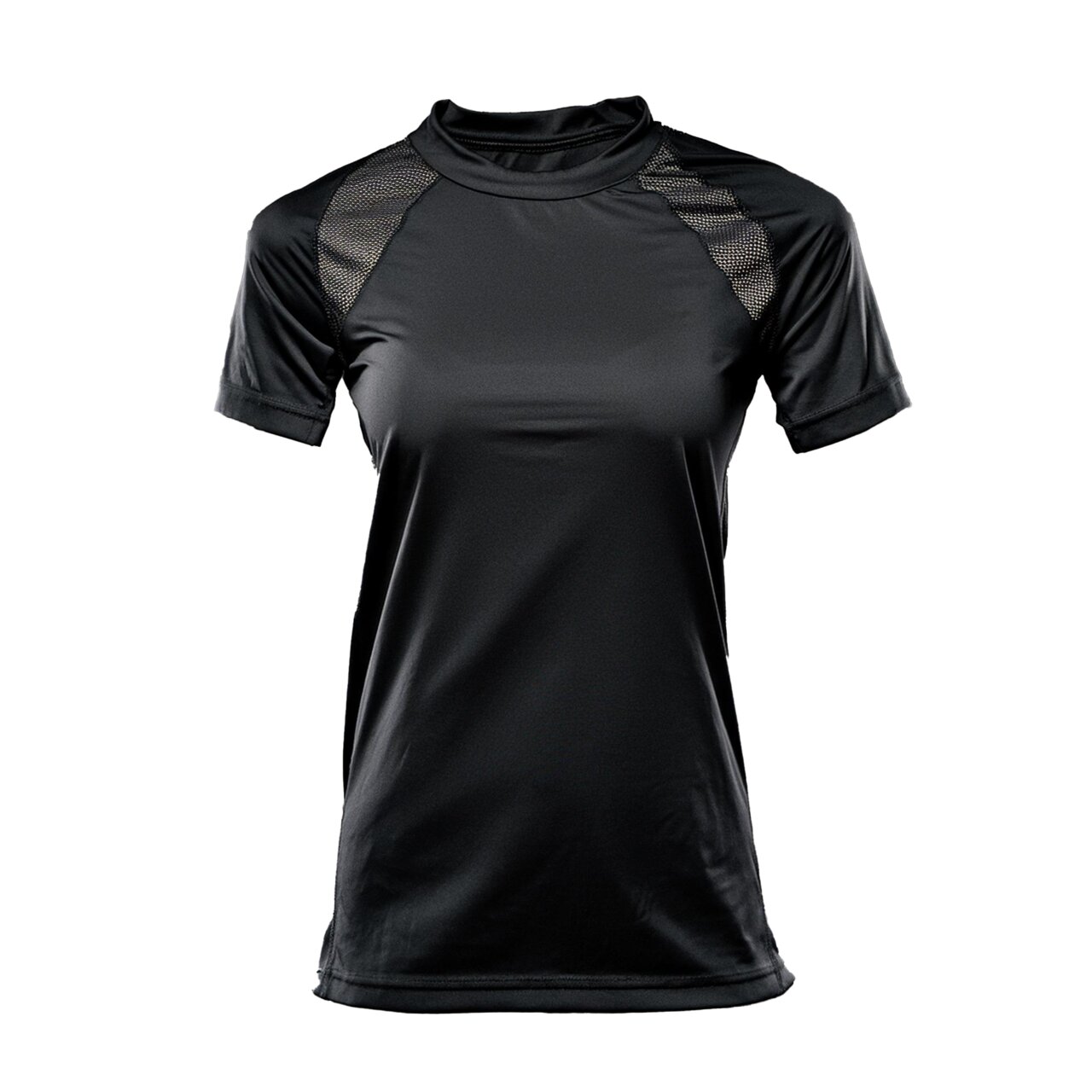 Schwarzes, tailliertes Sport-T-Shirt für Damen mit kurzen Ärmeln, Stehkragen und Mesh-Einsätzen an Schultern.