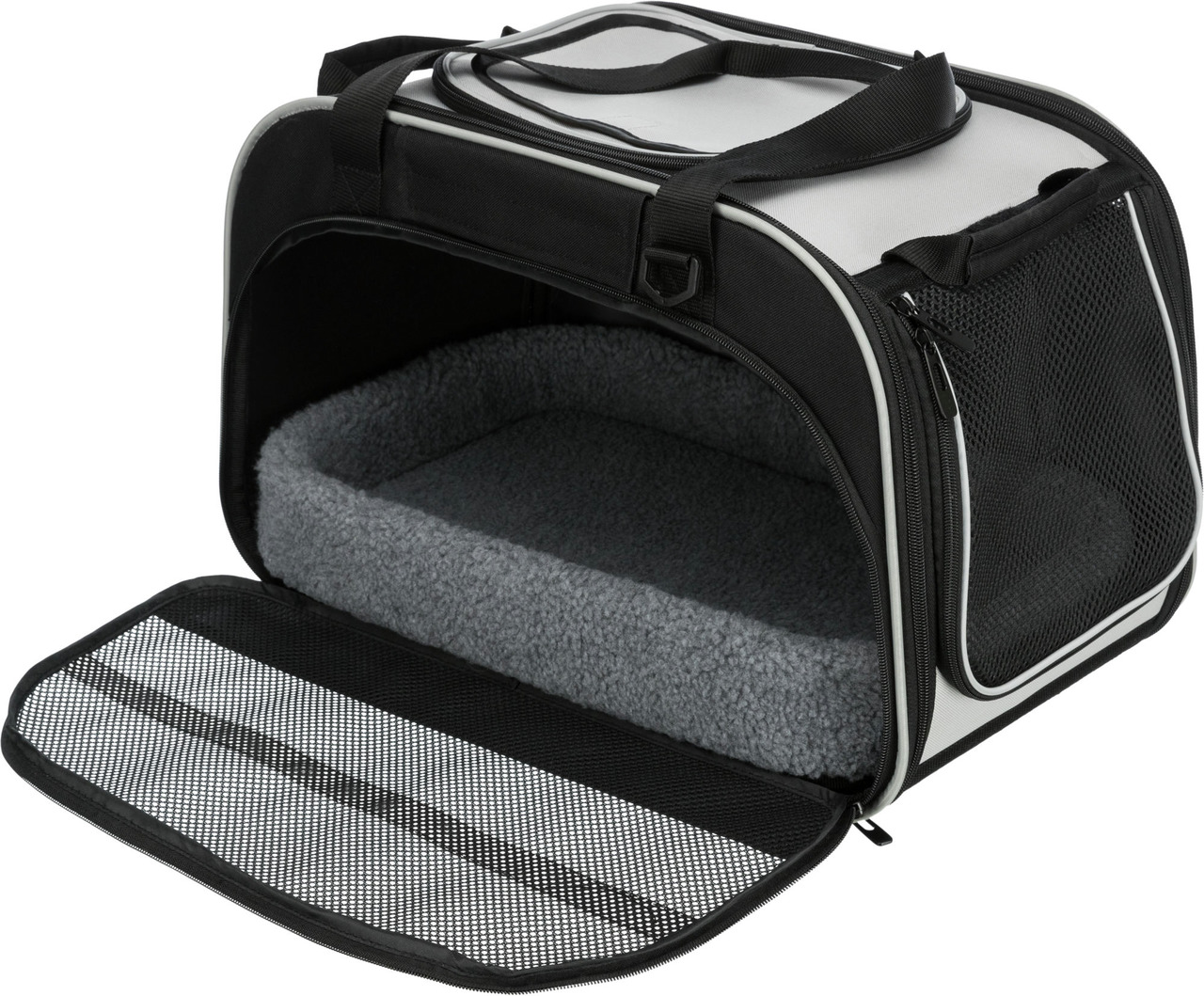 TRIXIE Tragetasche "Talia" für kleine Hunde/Katzen, schwarz-weiß, Netzfenster, graue Liegefläche, ca. 26×27×47 cm, ideal f. Transport.