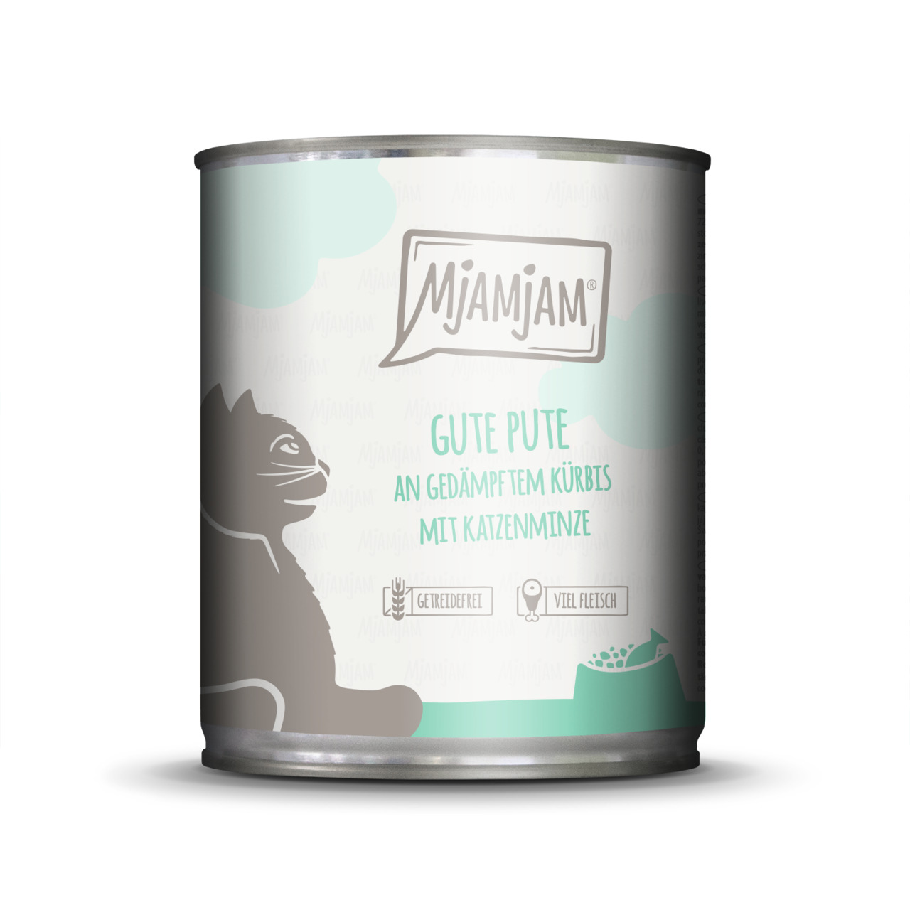 Eine silberne Dose des Katzenfutters „MJAMJAM Gute Pute an gedämpftem Kürbis mit Katzenminze“. Geeignet für Katzen, getreidefrei und mit hohem Fleischanteil. Die Geschmacksrichtung ist Pute mit Kürbis und Katzenminze. Auf der Vorderseite ist eine Katze ab
