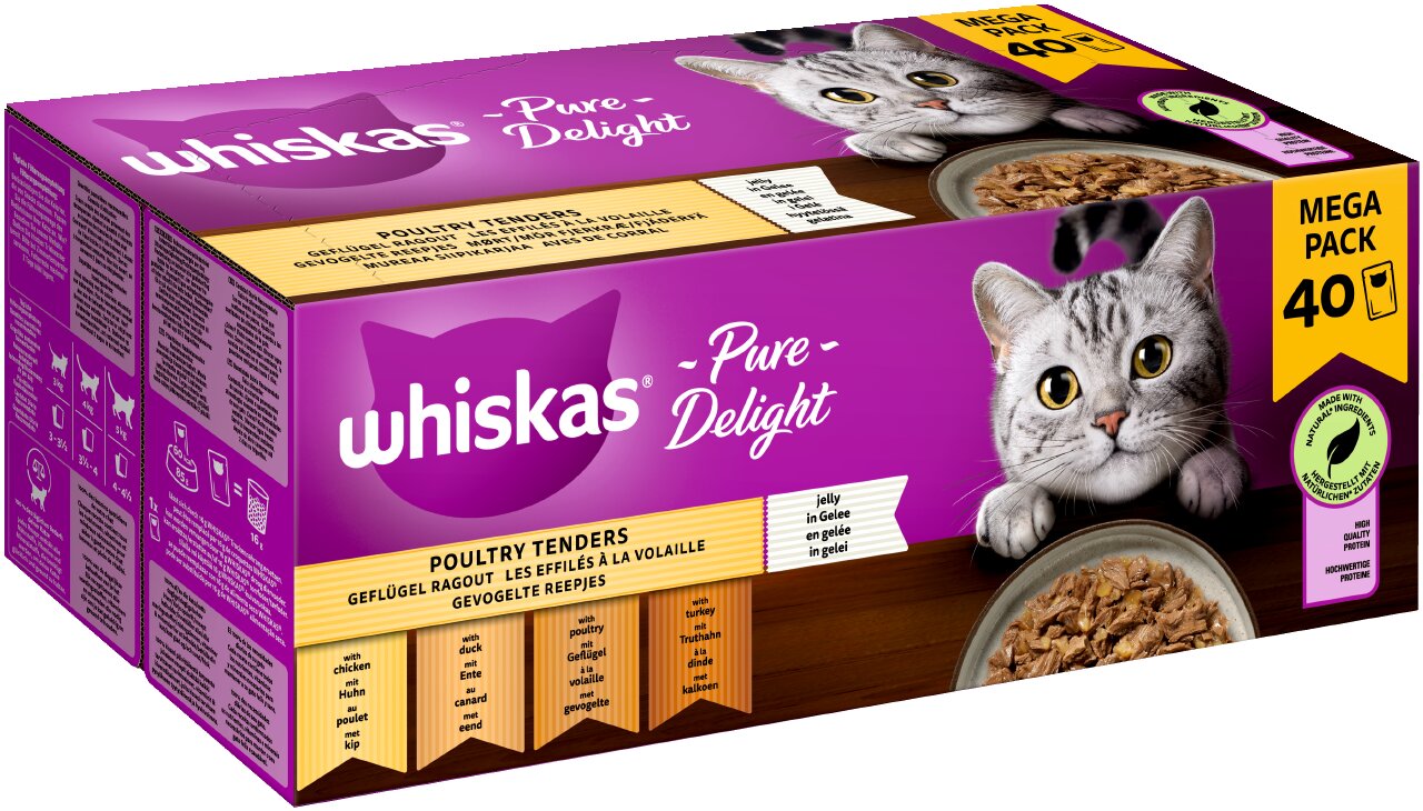 Whiskas Pure Delight Poultry Tenders, Katzenfutter, Geflügel in Gelee (Huhn, Ente, Truthahn), Mega-Pack 40 Beutel.