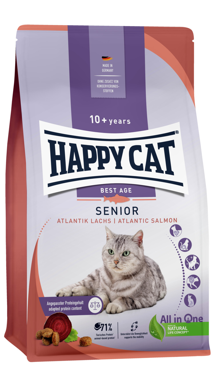 HAPPY CAT Best Age Senior, Katzenfutter für ältere Katzen (ab 10 J.), Atlantik Lachs, 71 % tierisches Protein, unterstützt Beweglichkeit.