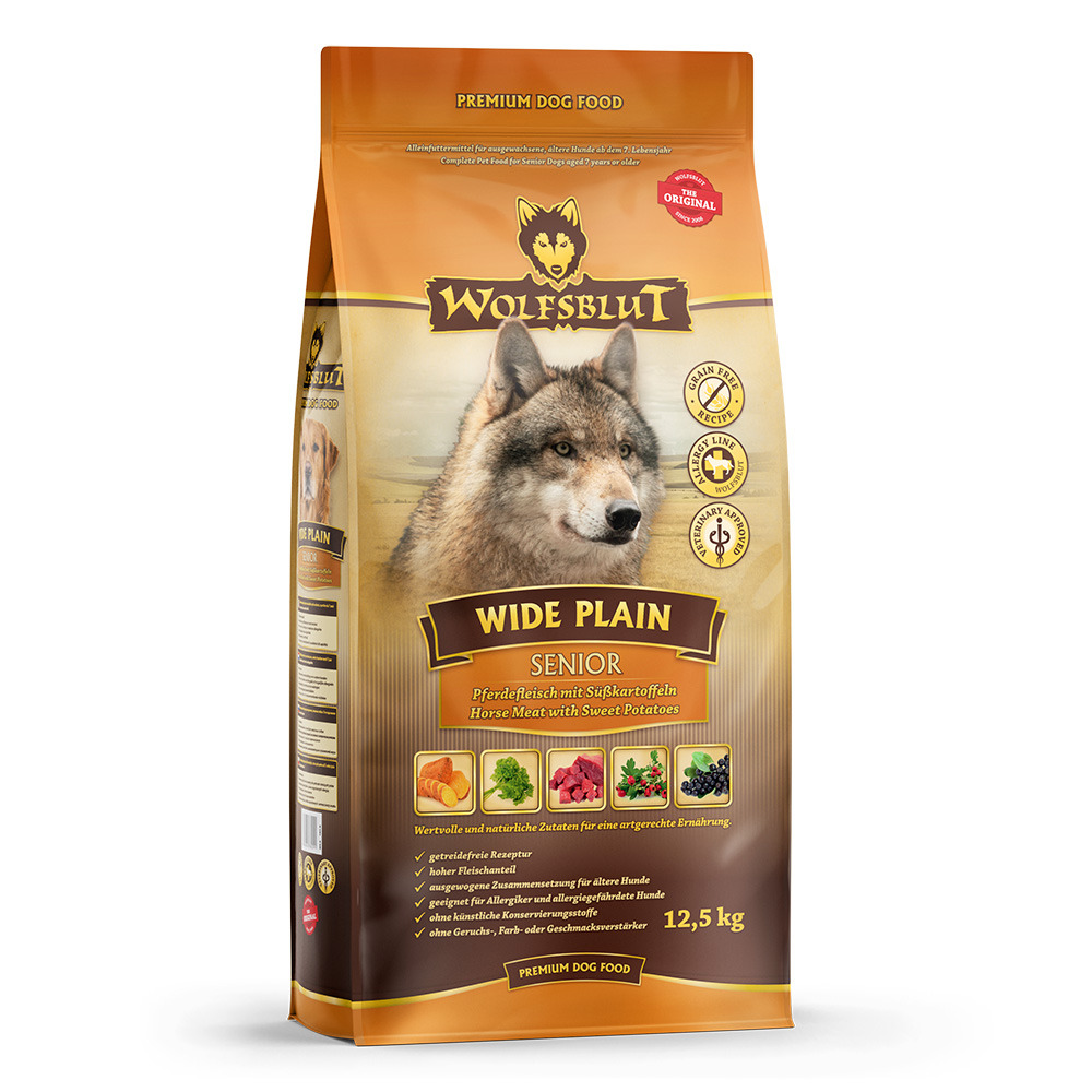 Das Bild zeigt einen 12,5-kg-Sack Hundefutter der Marke Wolfsblut, Sorte Wide Plain Senior. Es handelt sich um getreidefreies Premium-Hundefutter mit Pferdefleisch und Süßkartoffeln, speziell für ältere Hunde. Die Verpackung ist orange-braun und zeigt ein