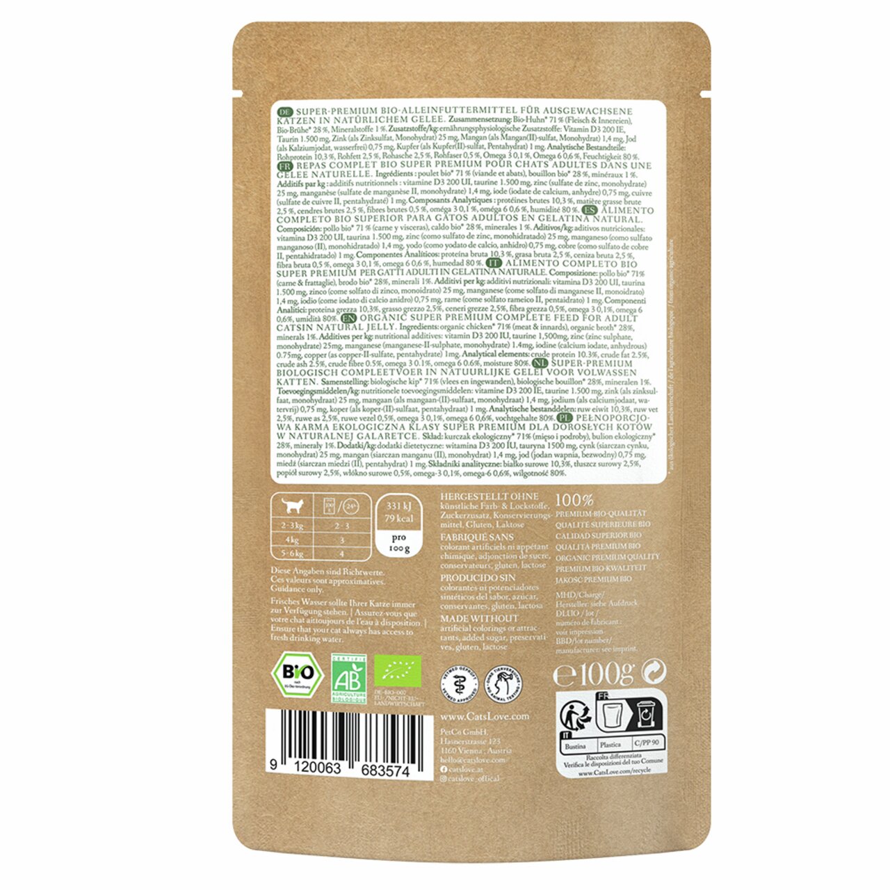 Super Premium Bio-Nassfutter von Cat's Love für ausgewachsene Katzen, Geschmacksrichtung Huhn, Menge: 100 g, im Beutel.