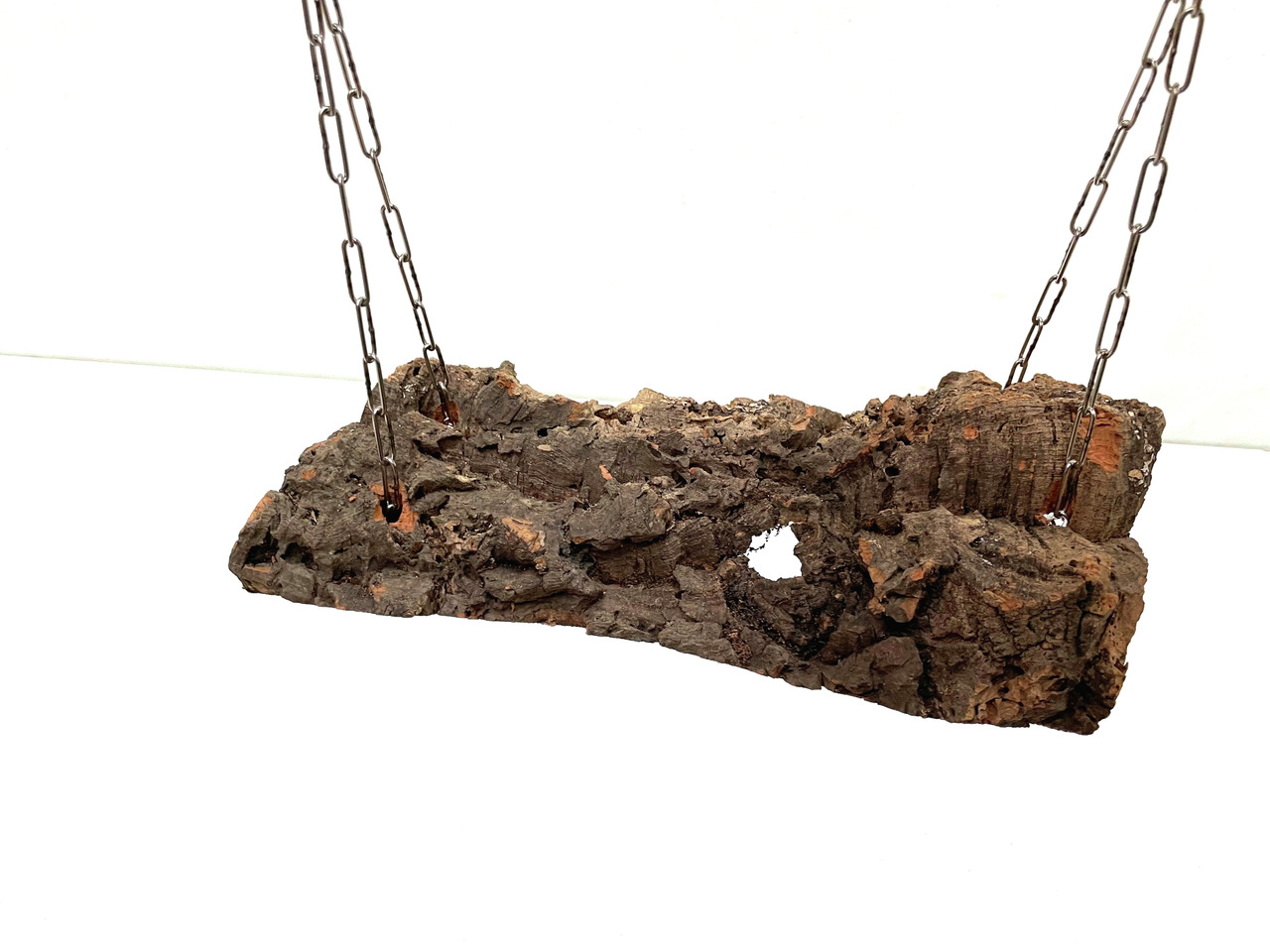 Hängebrücke aus natürlicher Korkrinde von Ollesch, geeignet für Kleintiere wie Vögel oder Nagetiere. Die robuste Konstruktion mit Metallketten bietet eine sichere und natürliche Spiel- und Kletterfläche. Perfekt zur Förderung von Bewegung und Beschäftigun