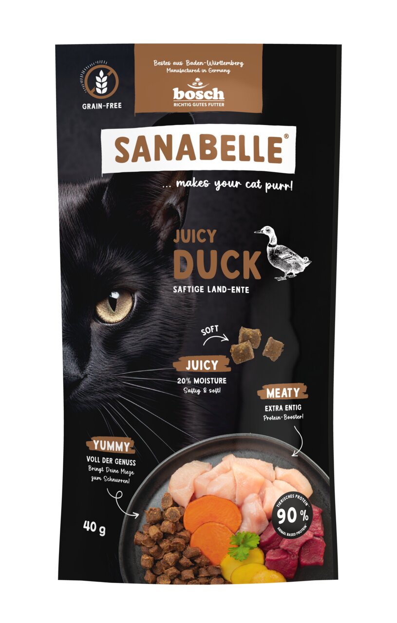 Sanabelle Juicy Duck Nassfutter von Bosch, für Katzen, getreidefrei, saftige Land-Ente, 90 % tierisches Protein, 40 g.