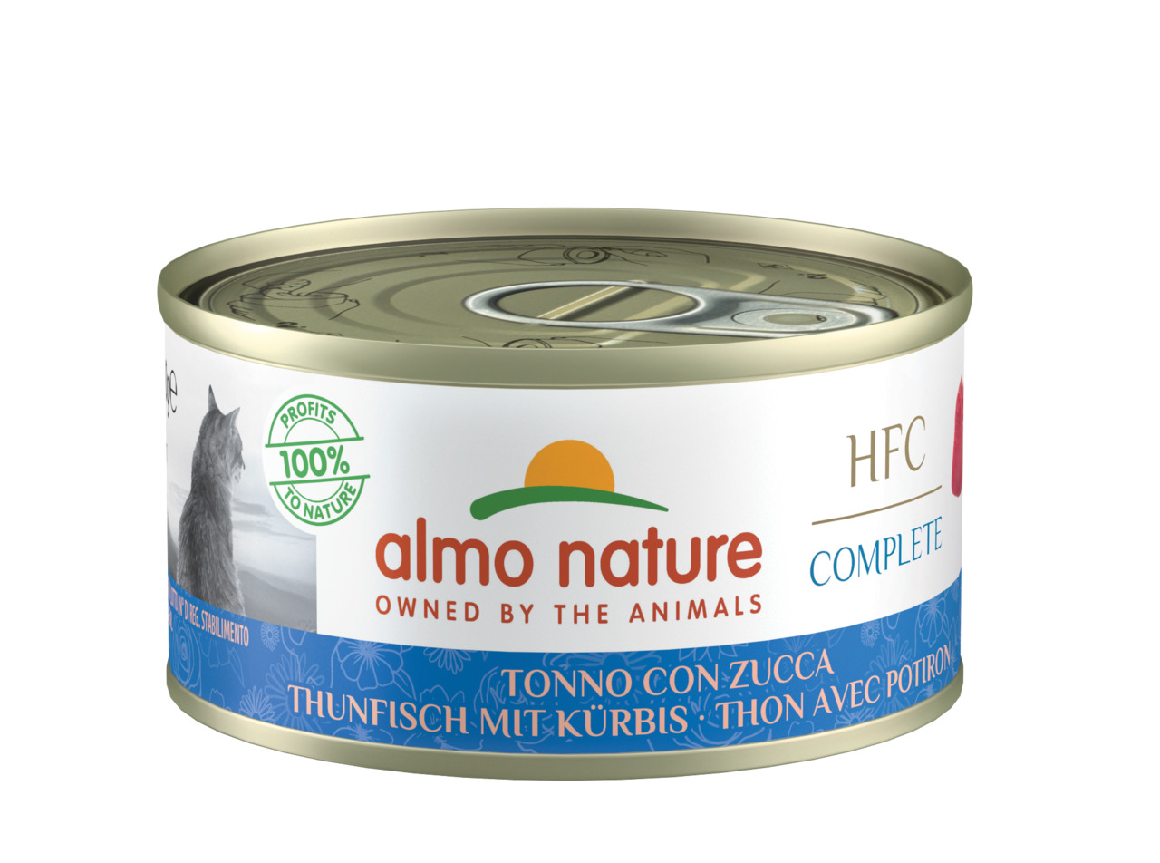 Almo Nature HFC Complete Katzenfutter, Thunfisch mit Kürbis, 70 g, „100% Profits to Nature“, modernes Design mit Katzenmotiv.