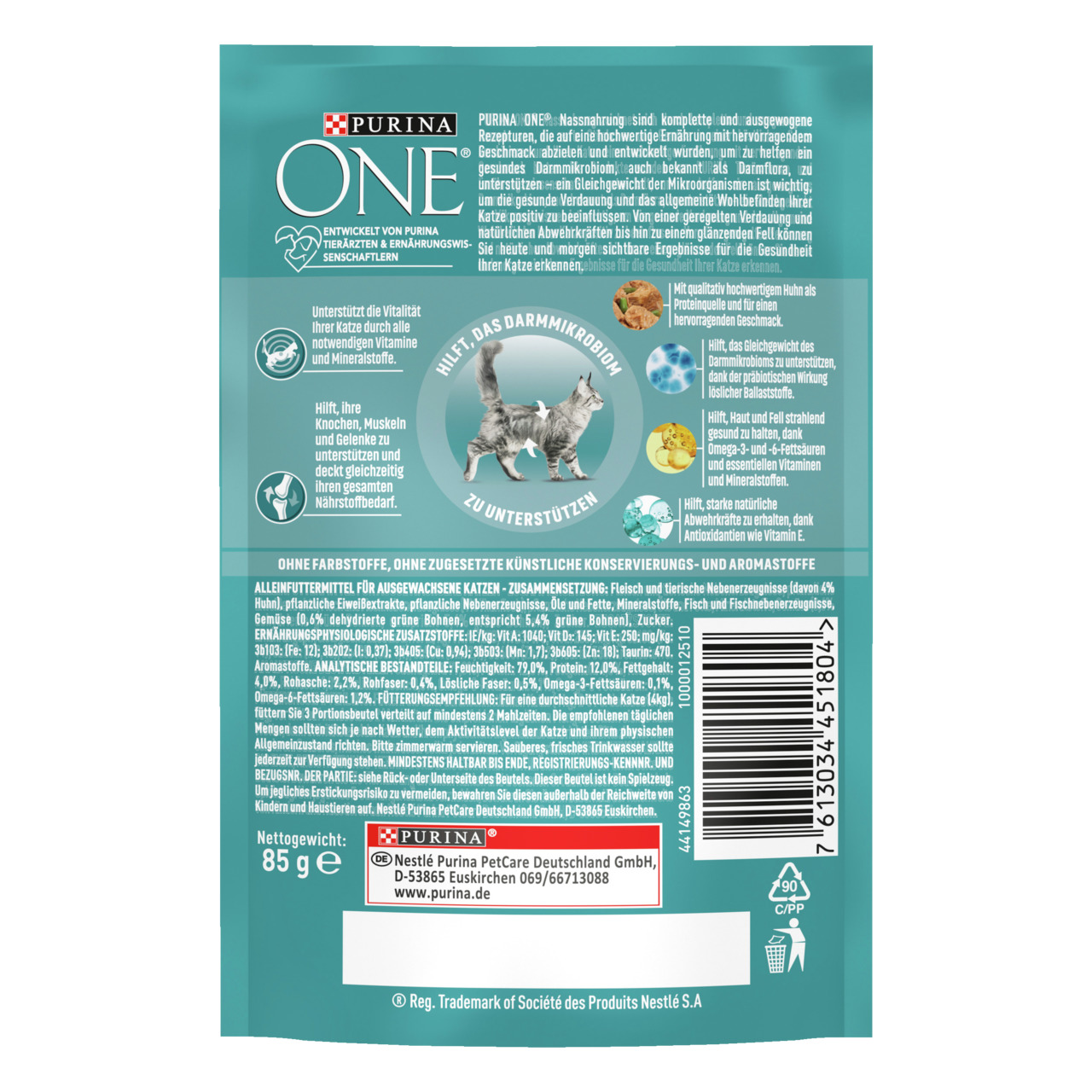 Purina ONE Nassnahrung, 85 g, für ausgewachsene Katzen, Huhn, unterstützt Darmgesundheit, Vitalität, gesunde Knochen, glänzendes Fell.