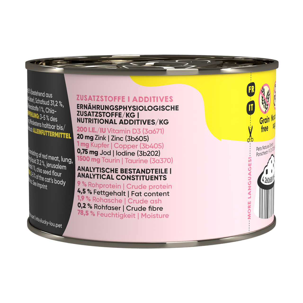 Lucky Lou Katzenfutter Rind, getreidefrei, 9 % Rohprotein, 4,5 % Fett, mit Vitamin D3, für Katzen.