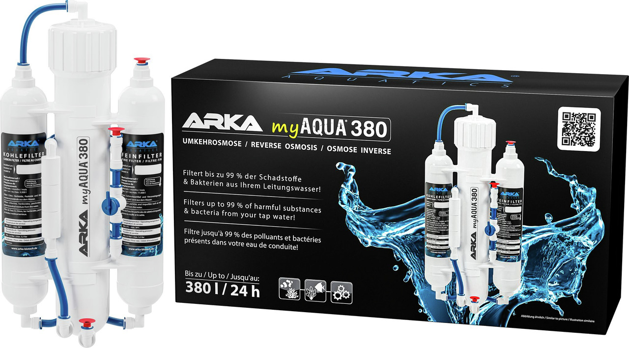 ARKA myAQUA 380 Umkehrosmose-System: Wasserfilter f. Aquarien/Haushalte, filtert 99 % Schadstoffe, 380 L/Tag, inkl. Fein- & Kohlefilter.