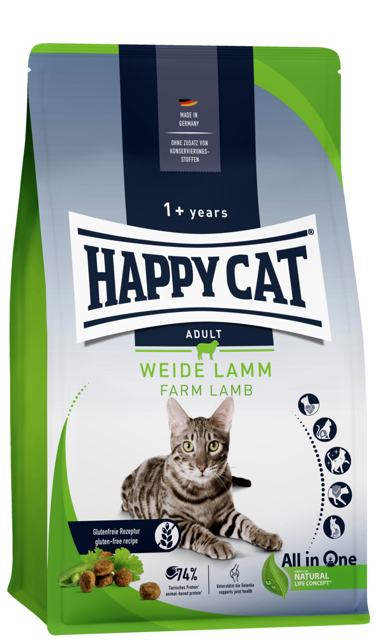 HAPPY CAT Adult Weide Lamm, Katzenfutter f. ausgew. Katzen ab 1 J., Lamm, glutenfrei, 74 % tier. Protein, Gelenkgesundheit, grüne Packung.